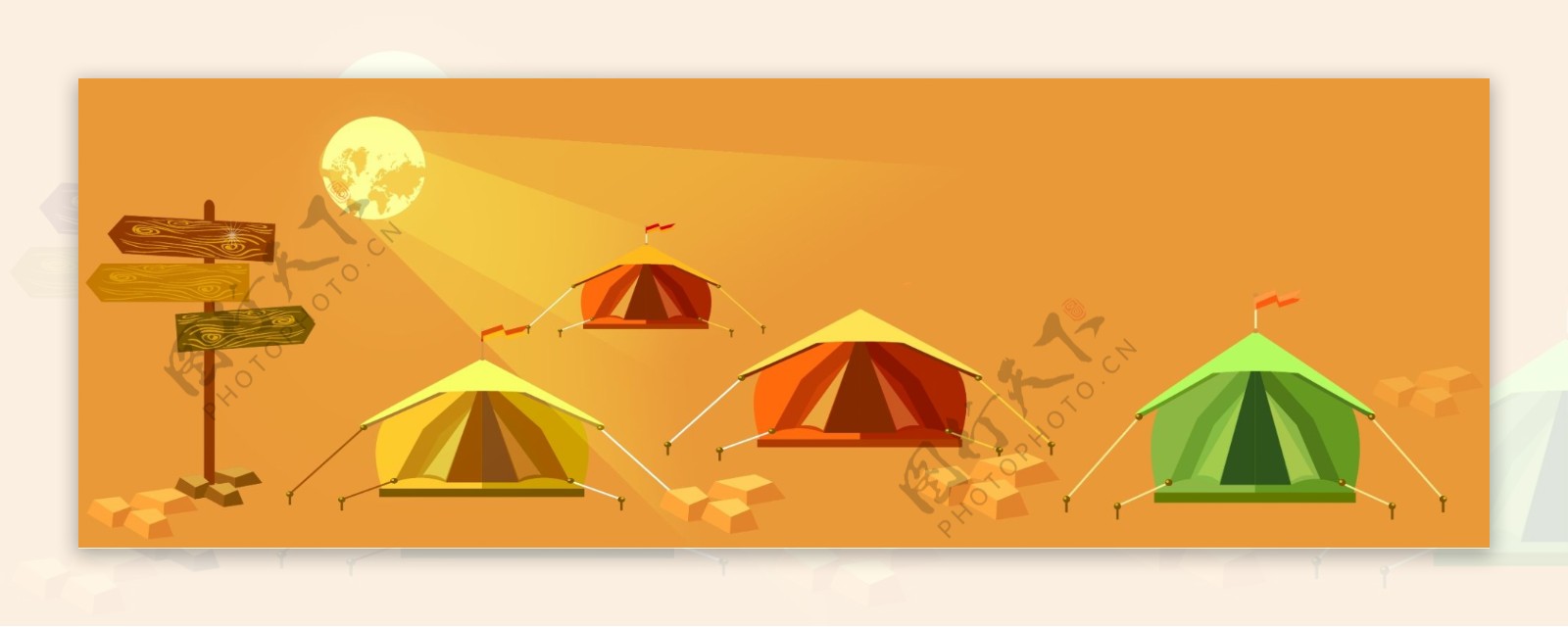 淘宝矢量卡通户外运动帐篷太阳指示牌海报