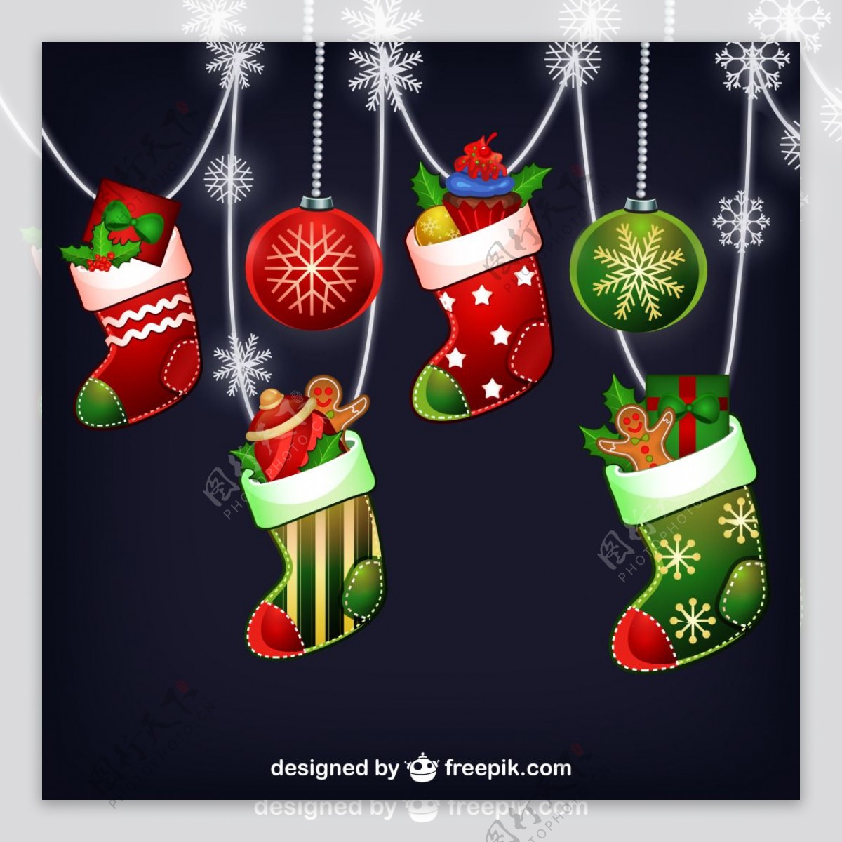 精美卡通圣诞袜与吊球矢量素材