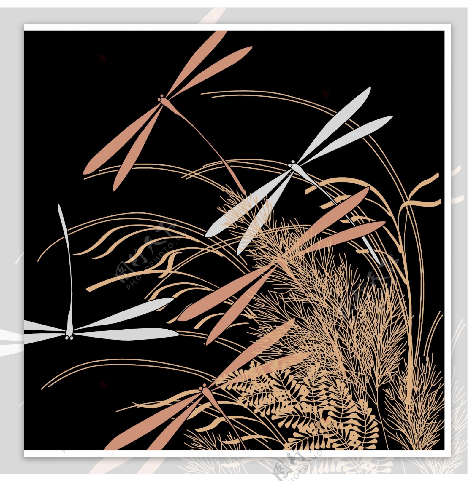夜色芦苇蜻蜓装饰图