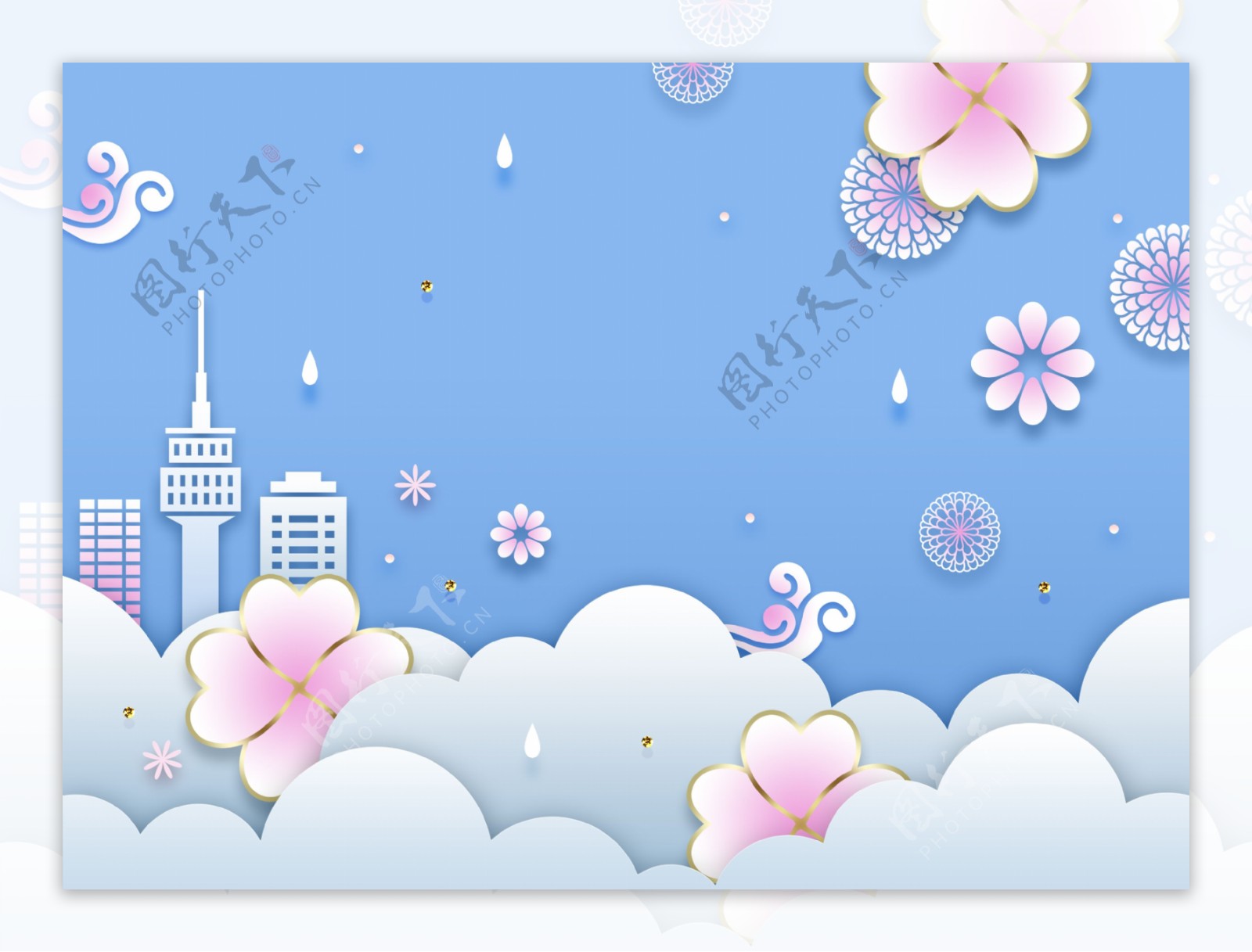 清新韩式春天气息卡通立体花朵建筑背景