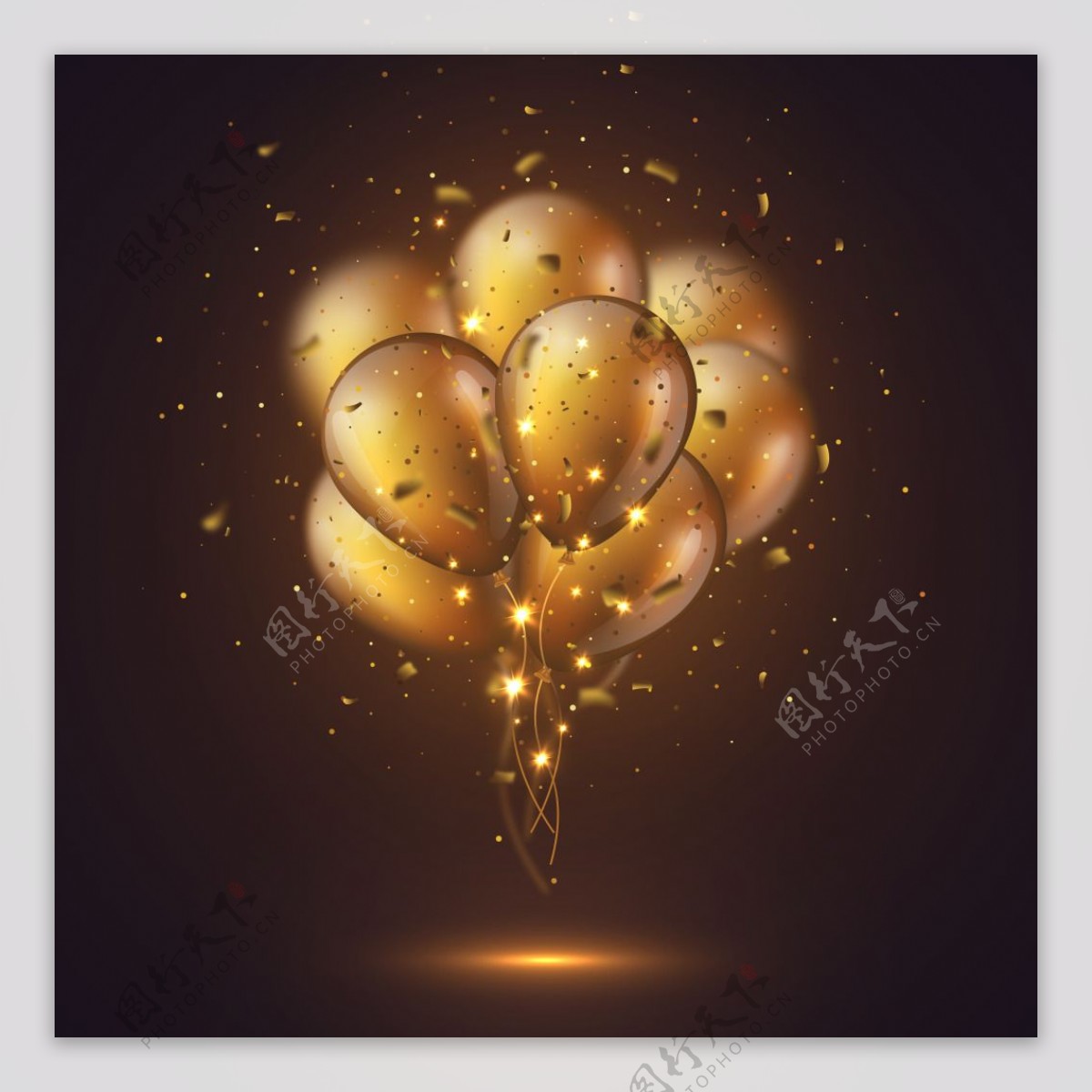 金色气球束和纸屑