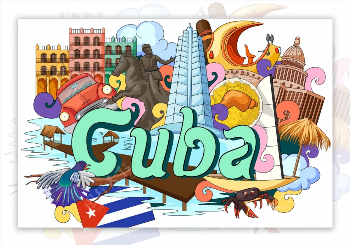 古巴国家手绘插画