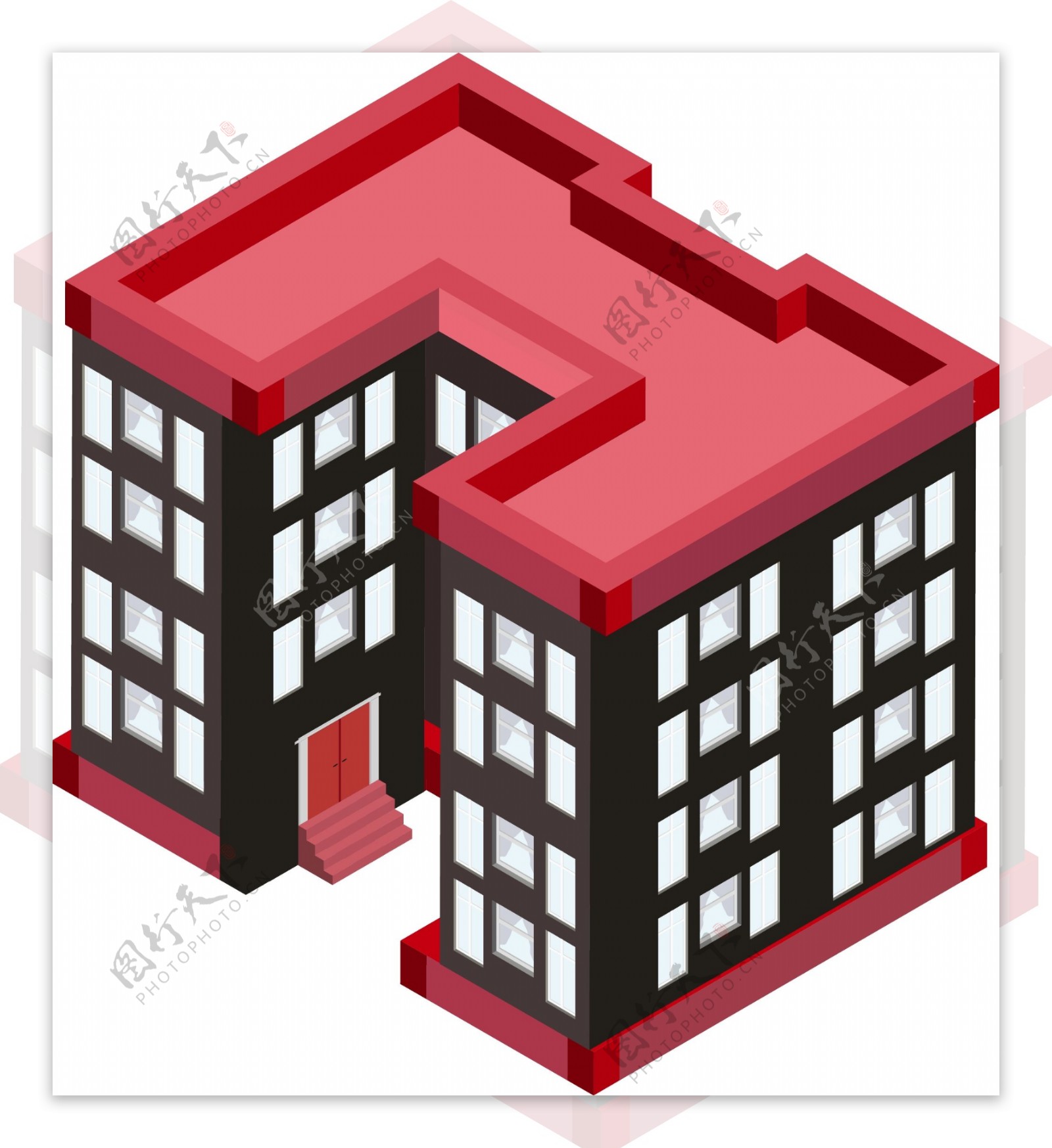 2.5D红黑平顶房屋建筑AI素材