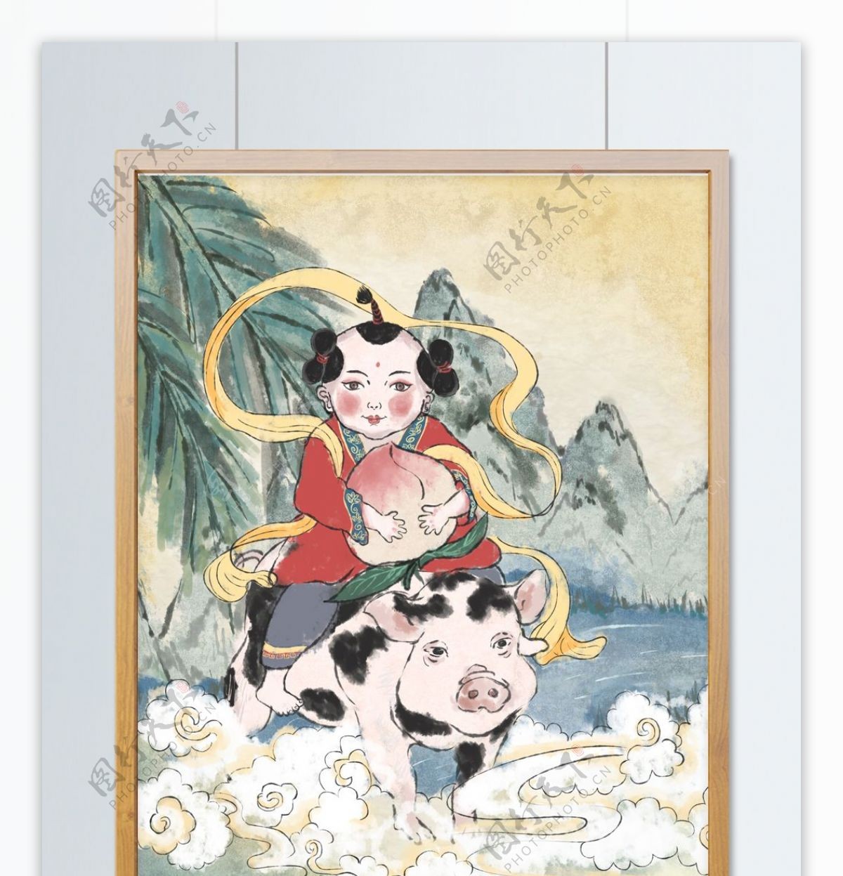 2019猪年画新年中国画水墨插画水彩装饰
