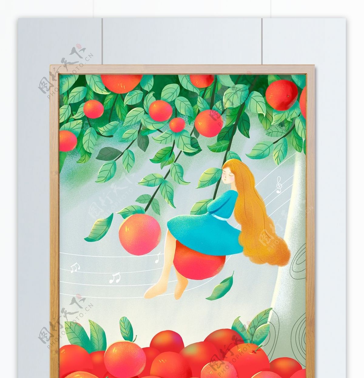 小清新创意水果坐在苹果秋千上女孩插画