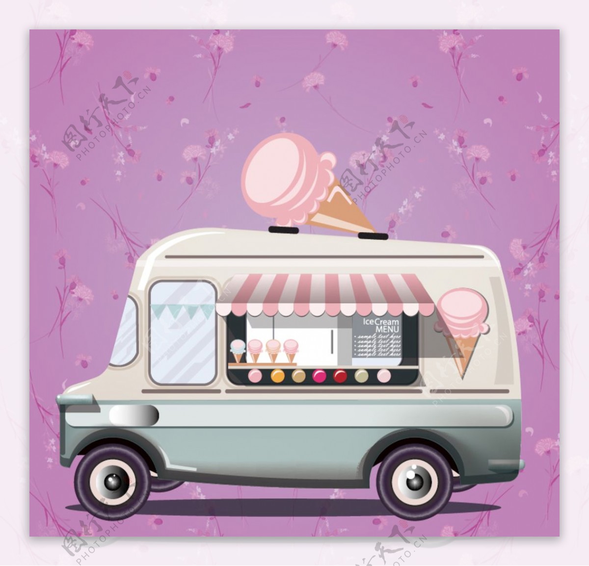 野花顠背景冰淇淋卡车