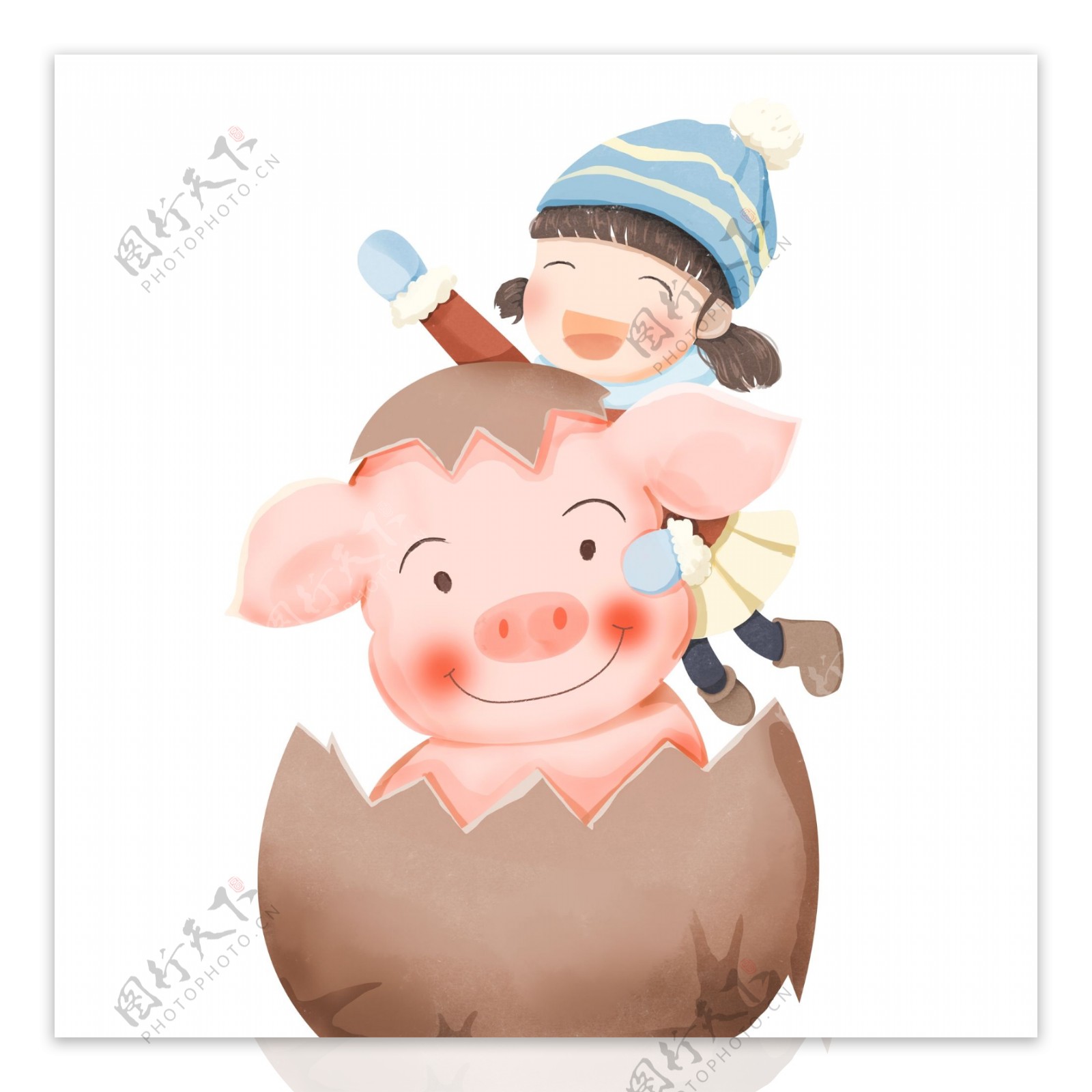 清新手绘猪年小猪和女孩