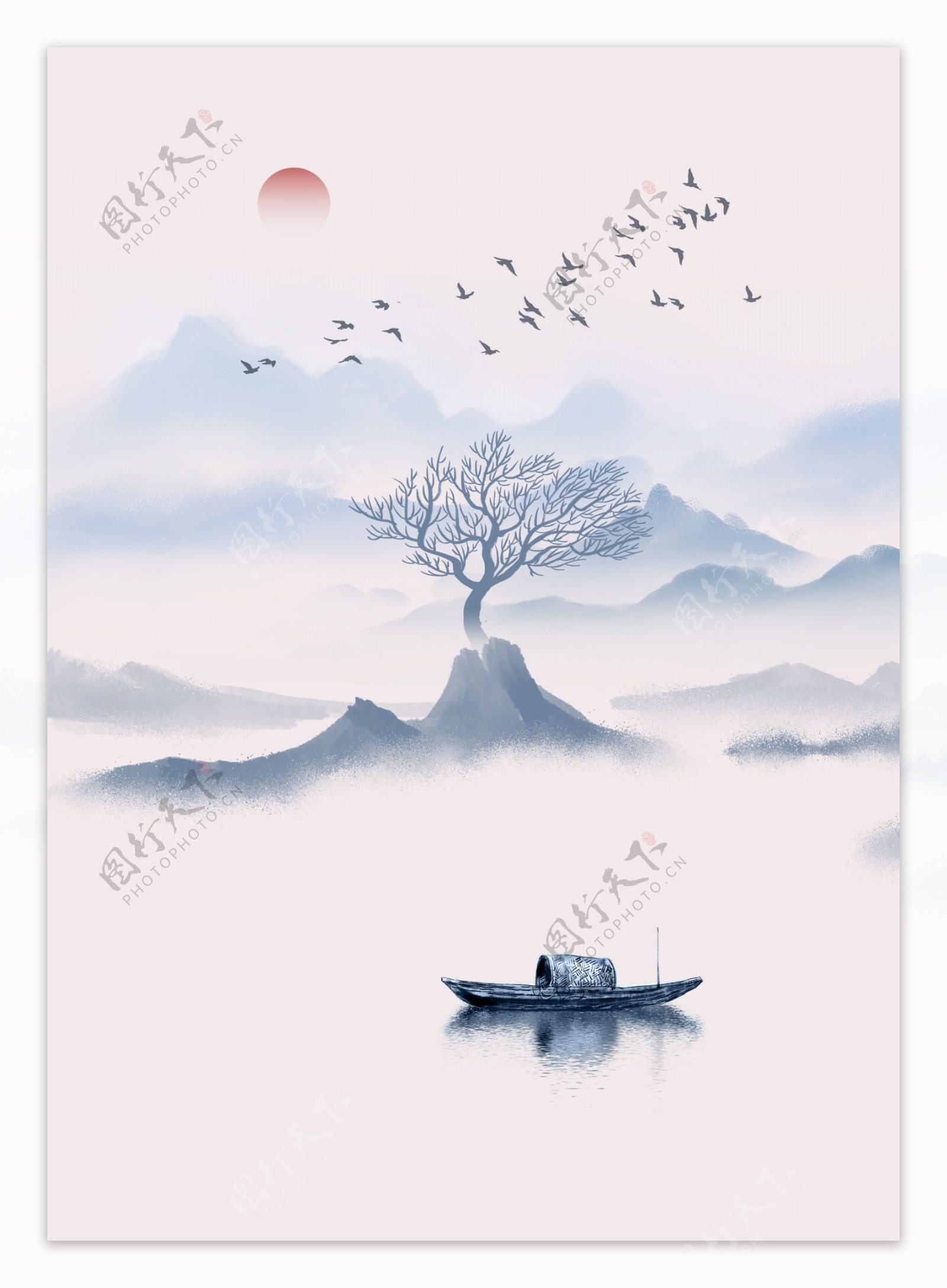 中式极简ins枯树意境禅意山水装饰画