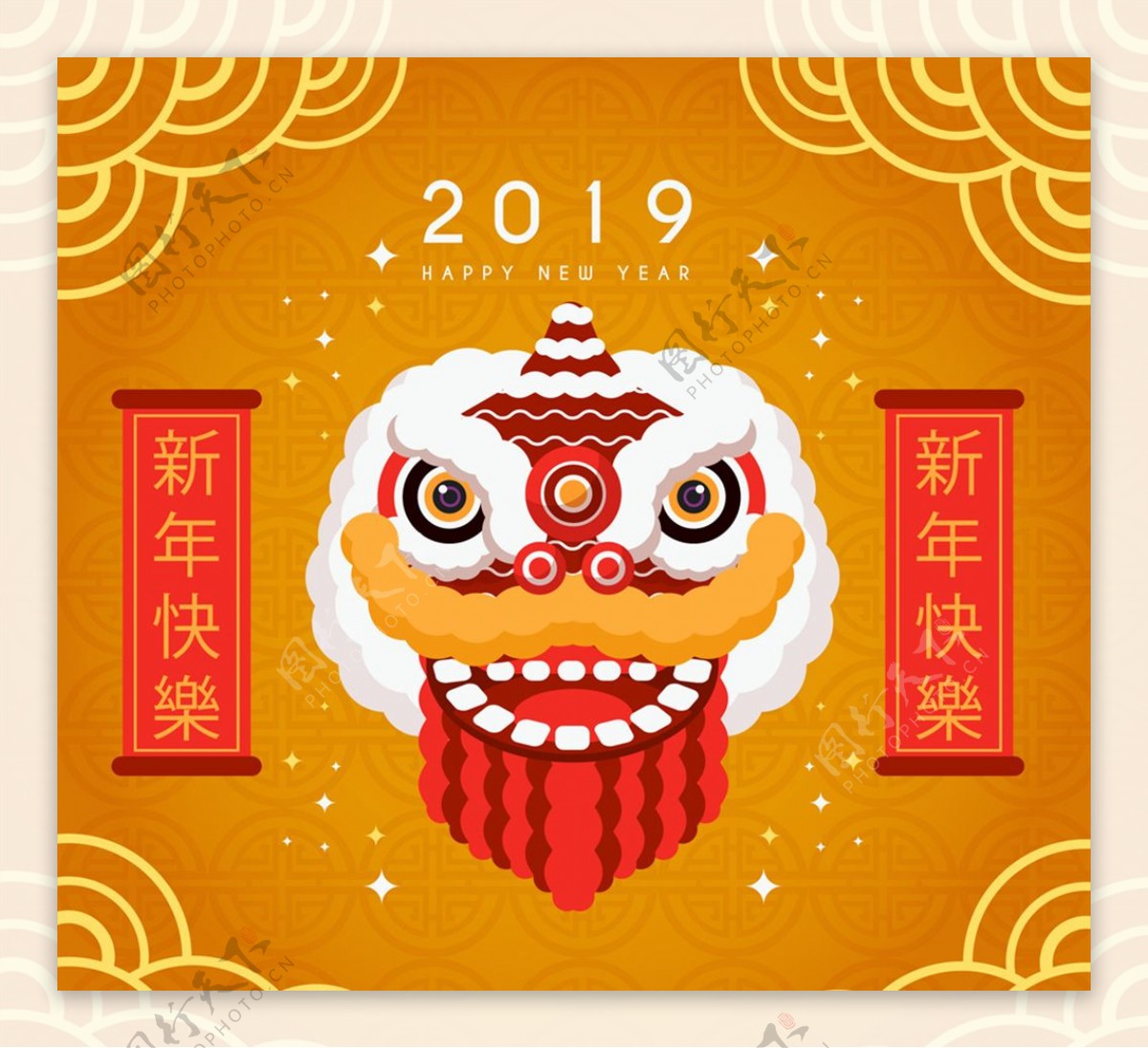 2019年创意舞狮狮头贺卡矢量