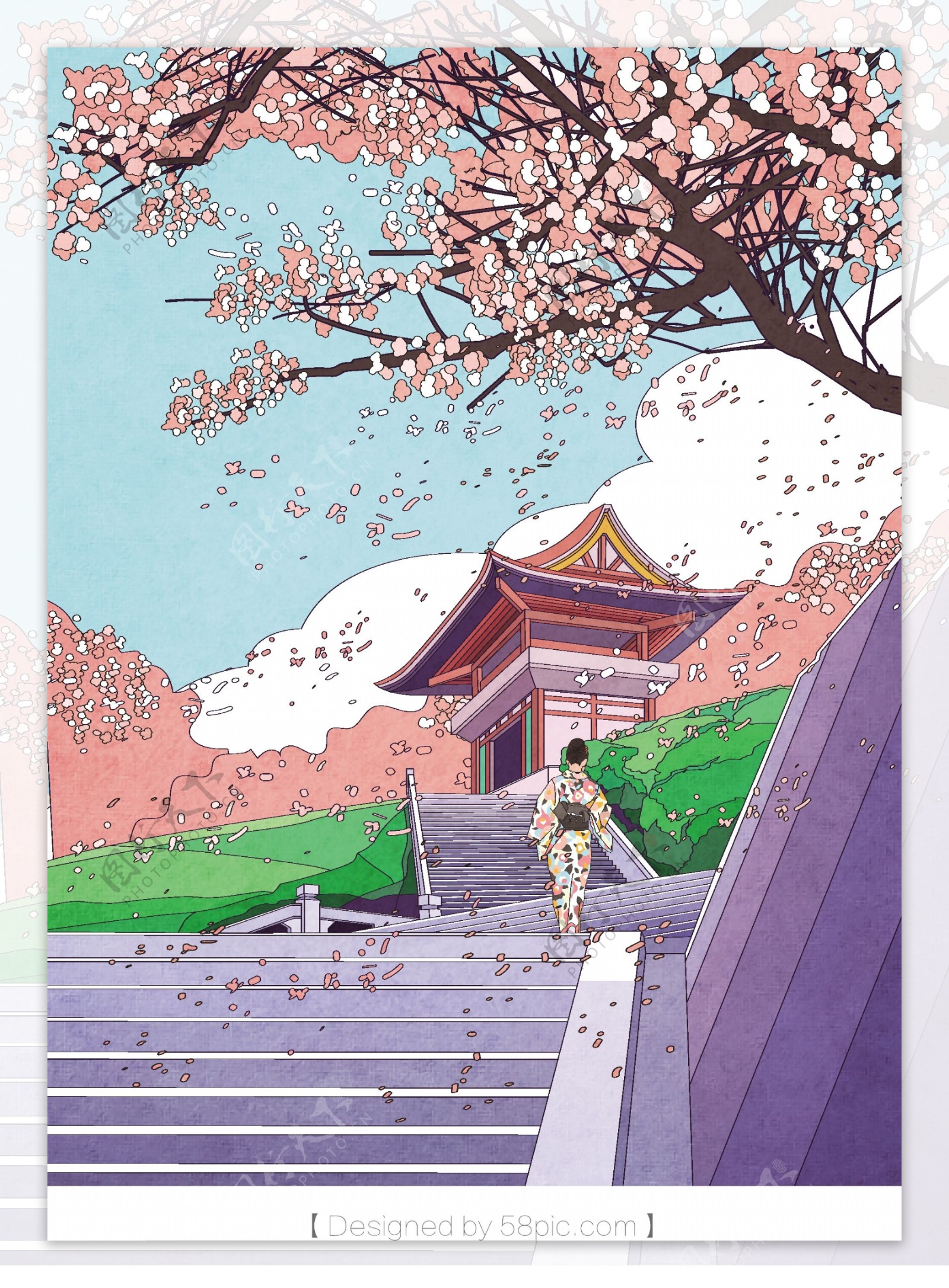唯美清新日本樱花节风景插画