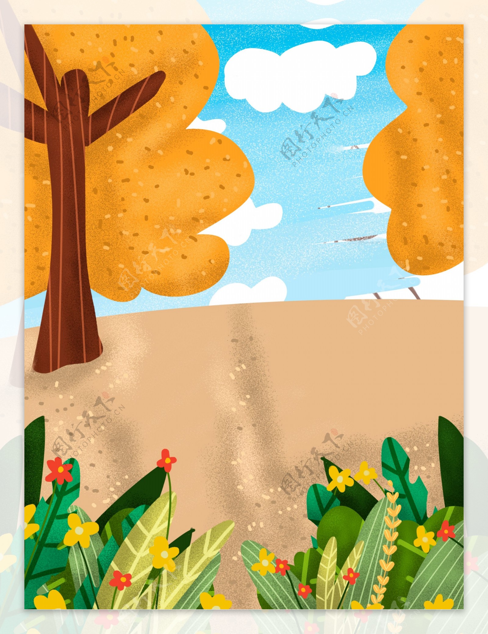 手绘春季花丛树林背景设计