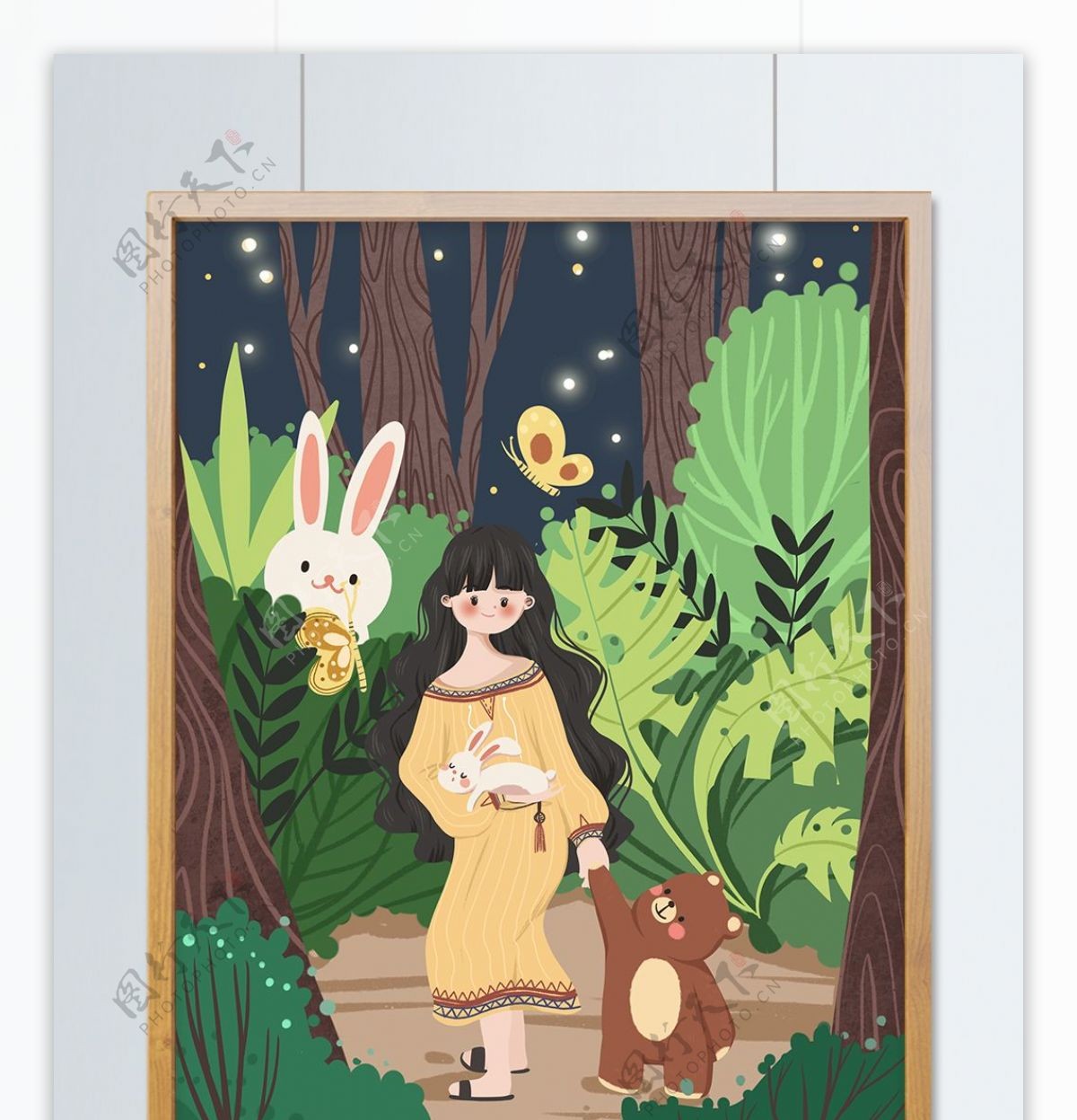 惊蛰小女孩在森林牵着小熊可爱温馨插画
