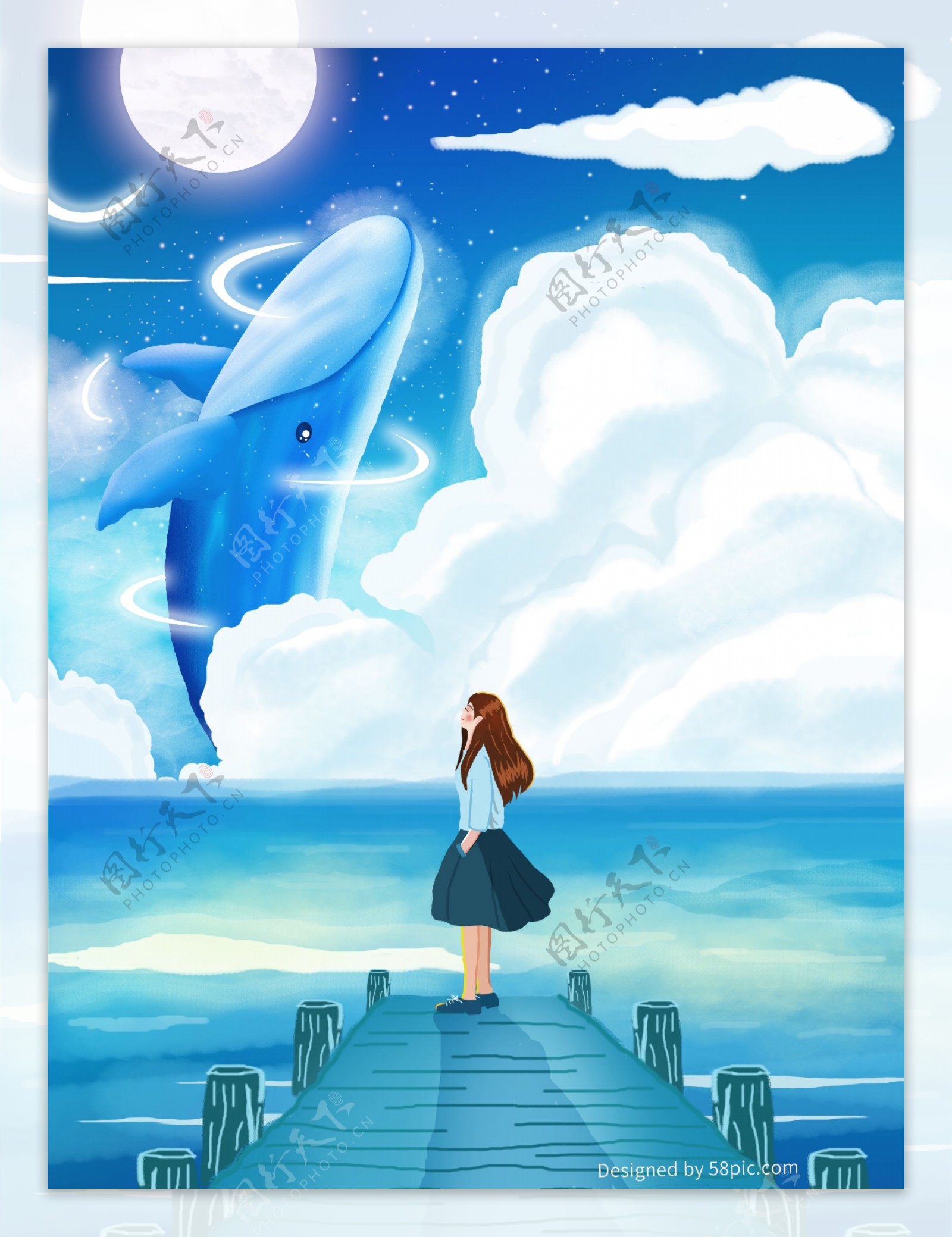 原创唯美蓝色鲸鱼与女孩治愈系插画