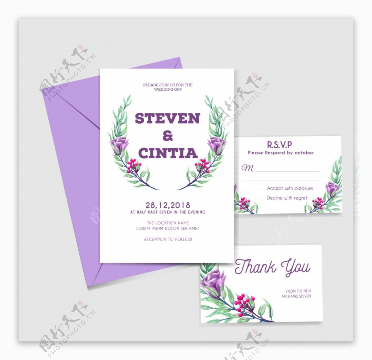 紫色花卉婚礼邀请卡