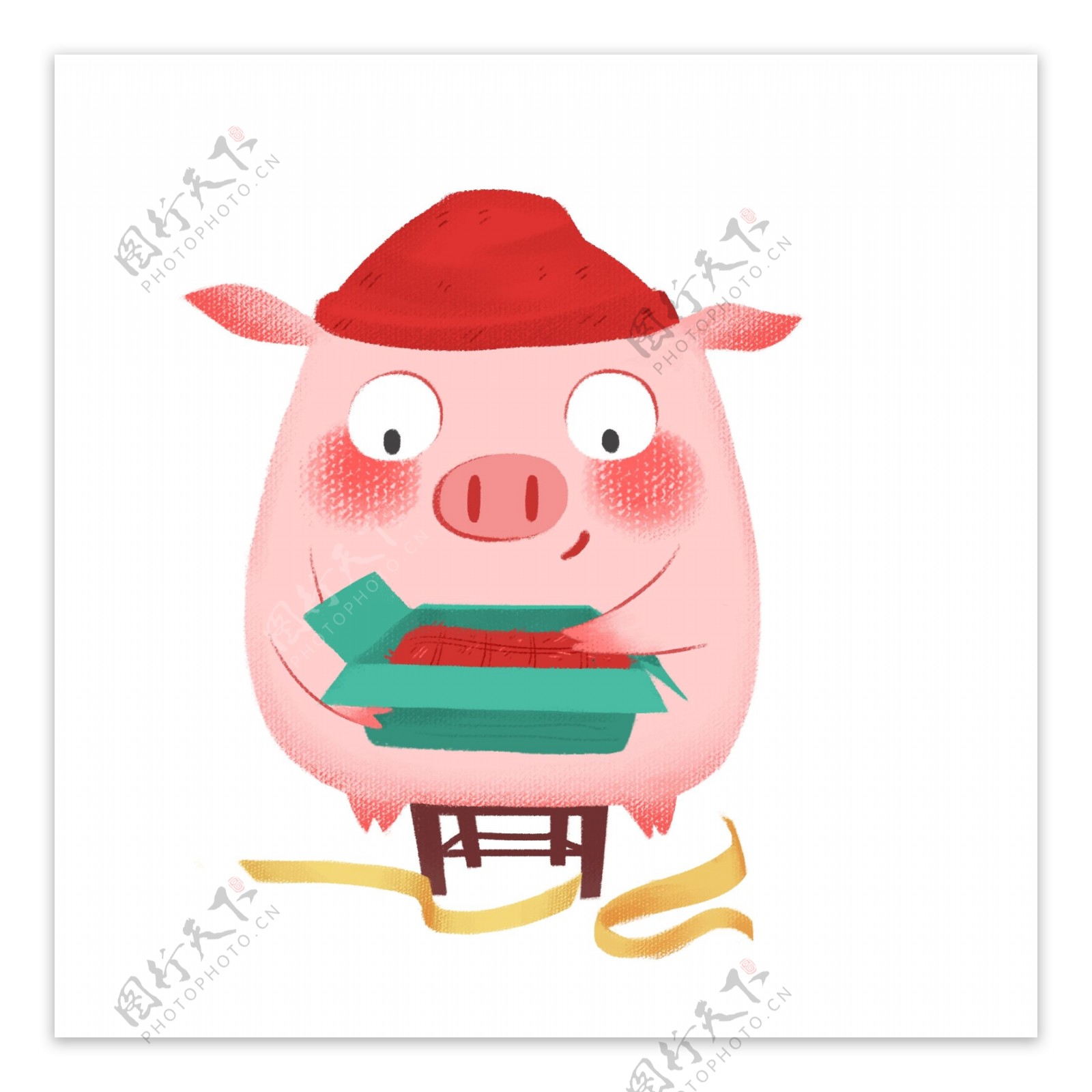 卡通手绘拆礼物的小猪动物设计