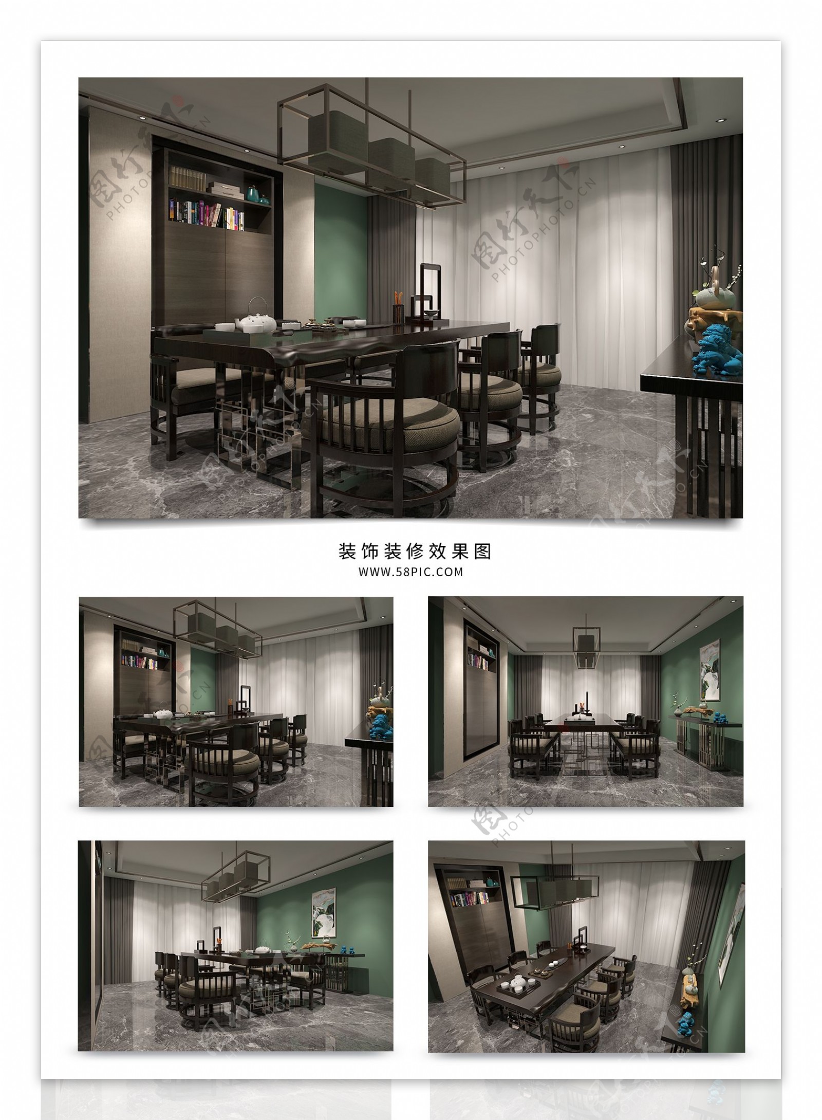 绿色系新中式风格餐厅效果图模型