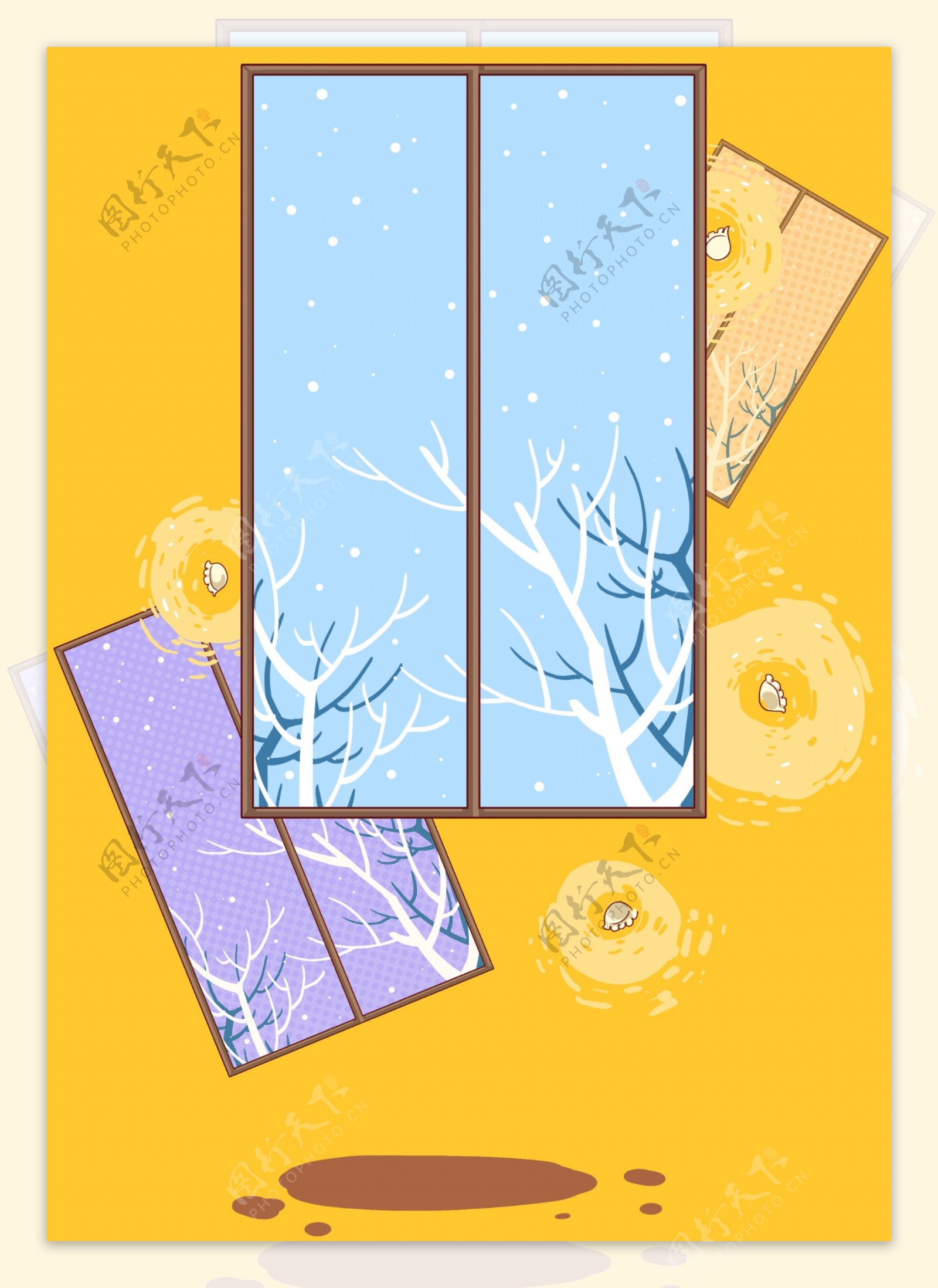 黄色冬季窗户下雪背景设计
