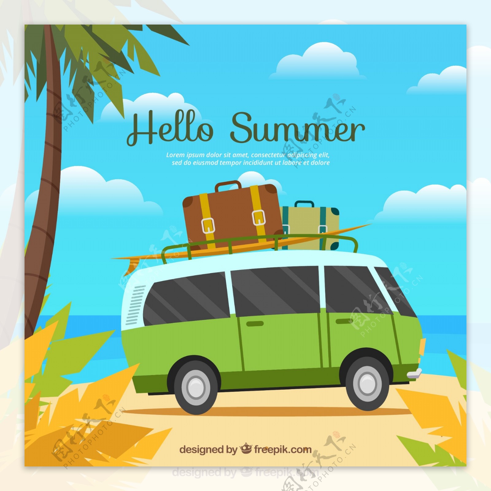 创意夏季沙滩旅游巴士矢量图