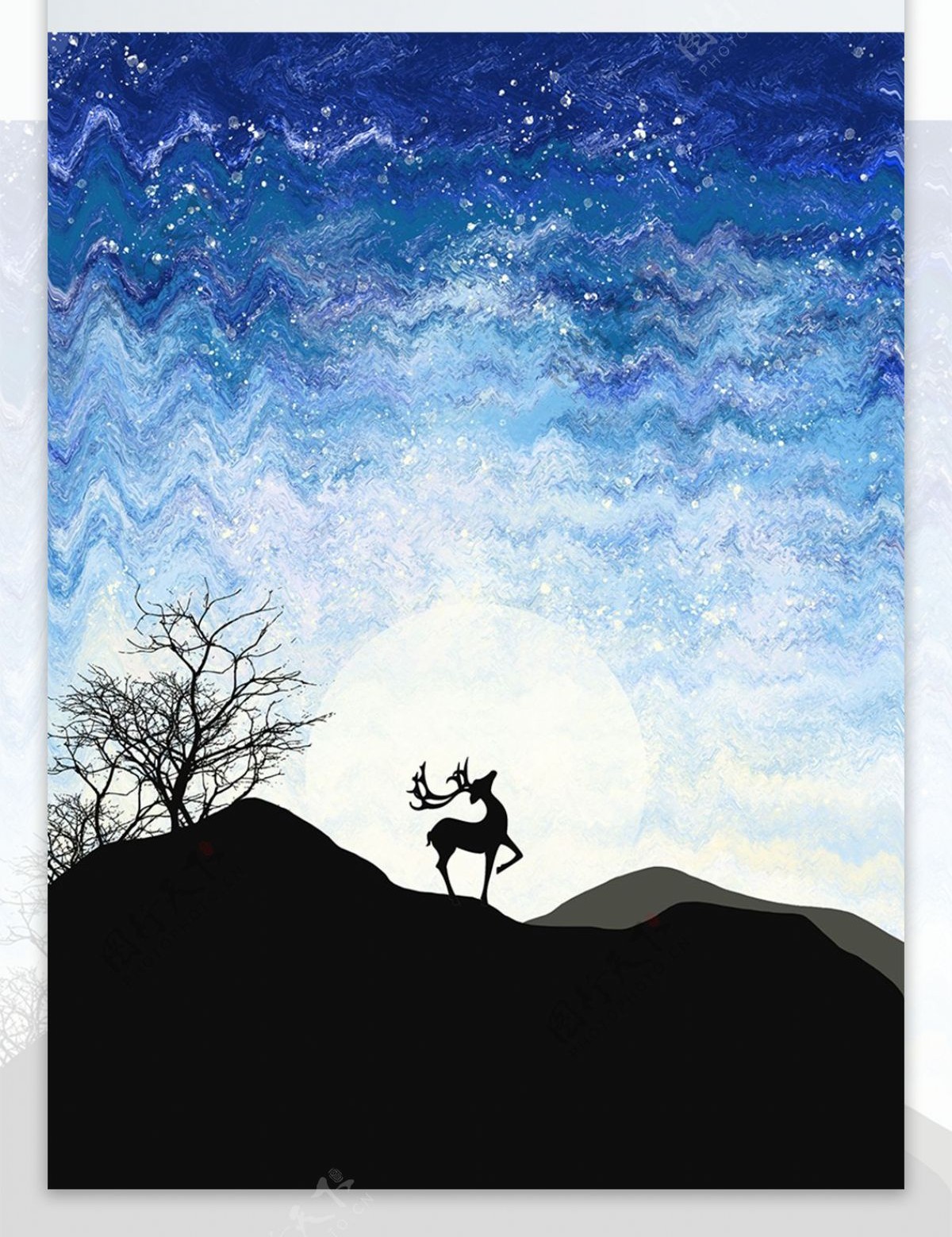 现代手绘水彩夜景繁星麋鹿装饰画