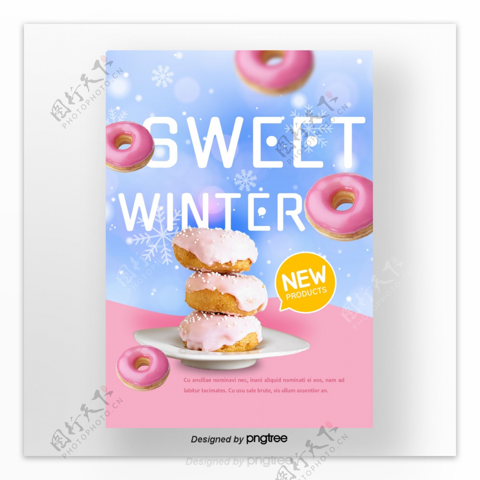 粉红色宽蓝色逐渐变更背景雪花冬天甜味食品海报