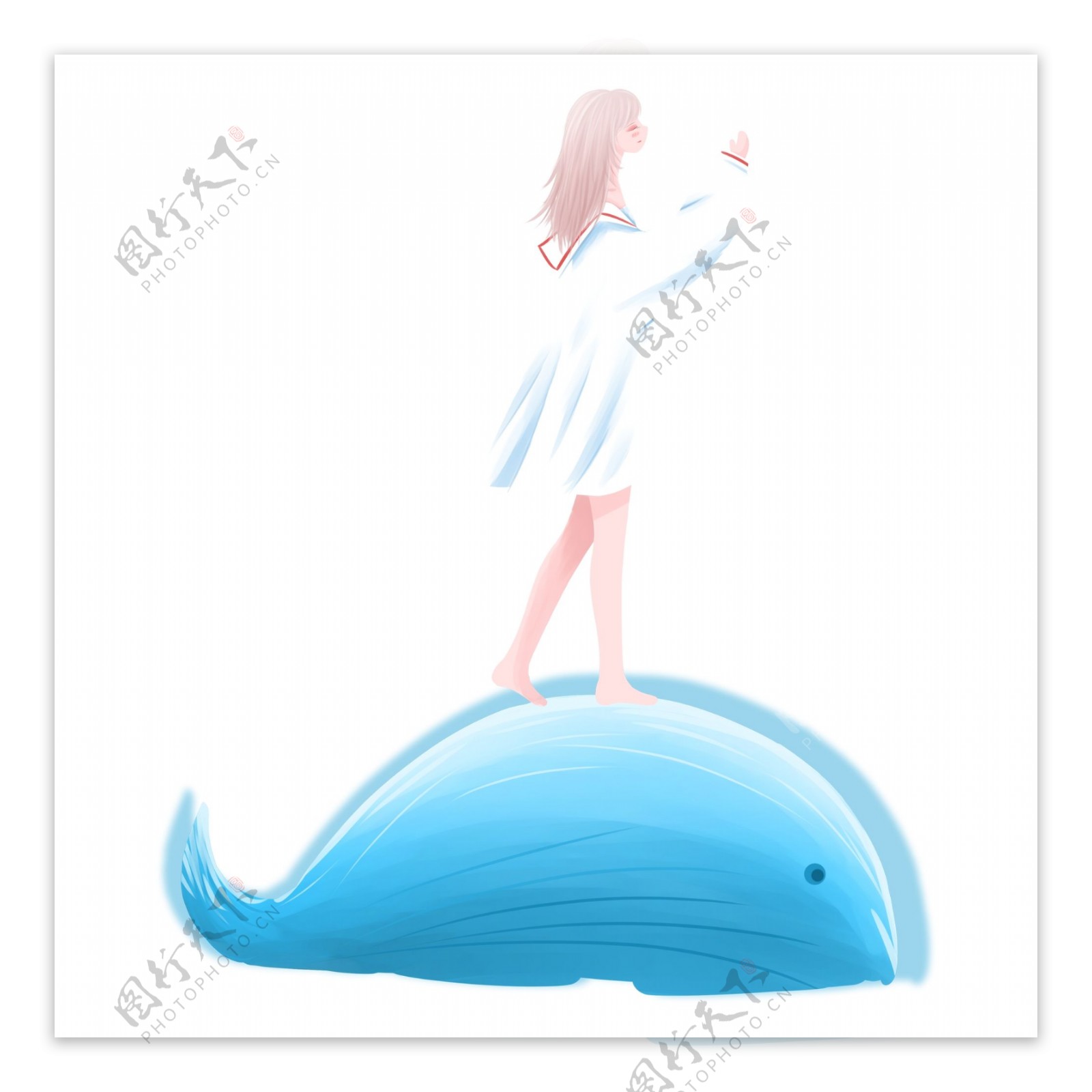 女孩和蓝色鲸鱼透明素材