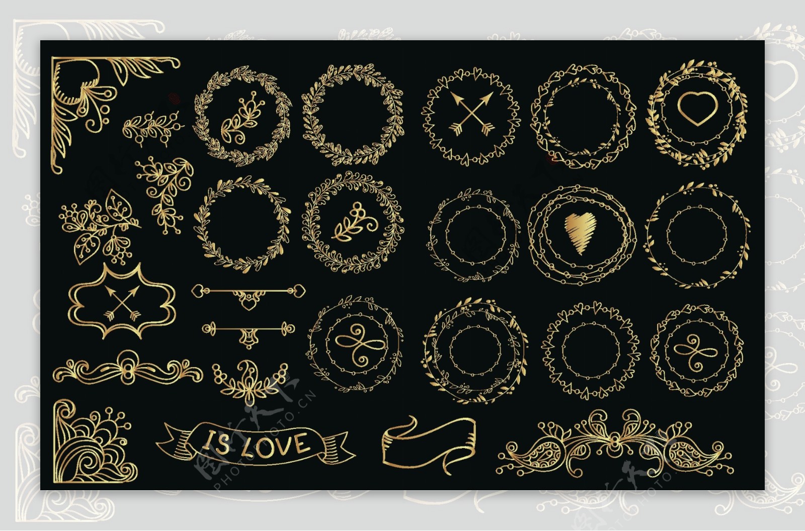 手工绘制的金桂冠和花环收藏