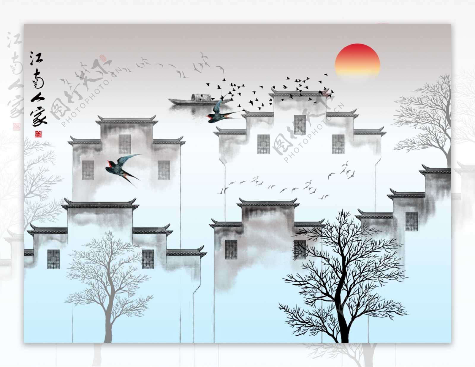 新中式意境水墨山水背景墙装饰