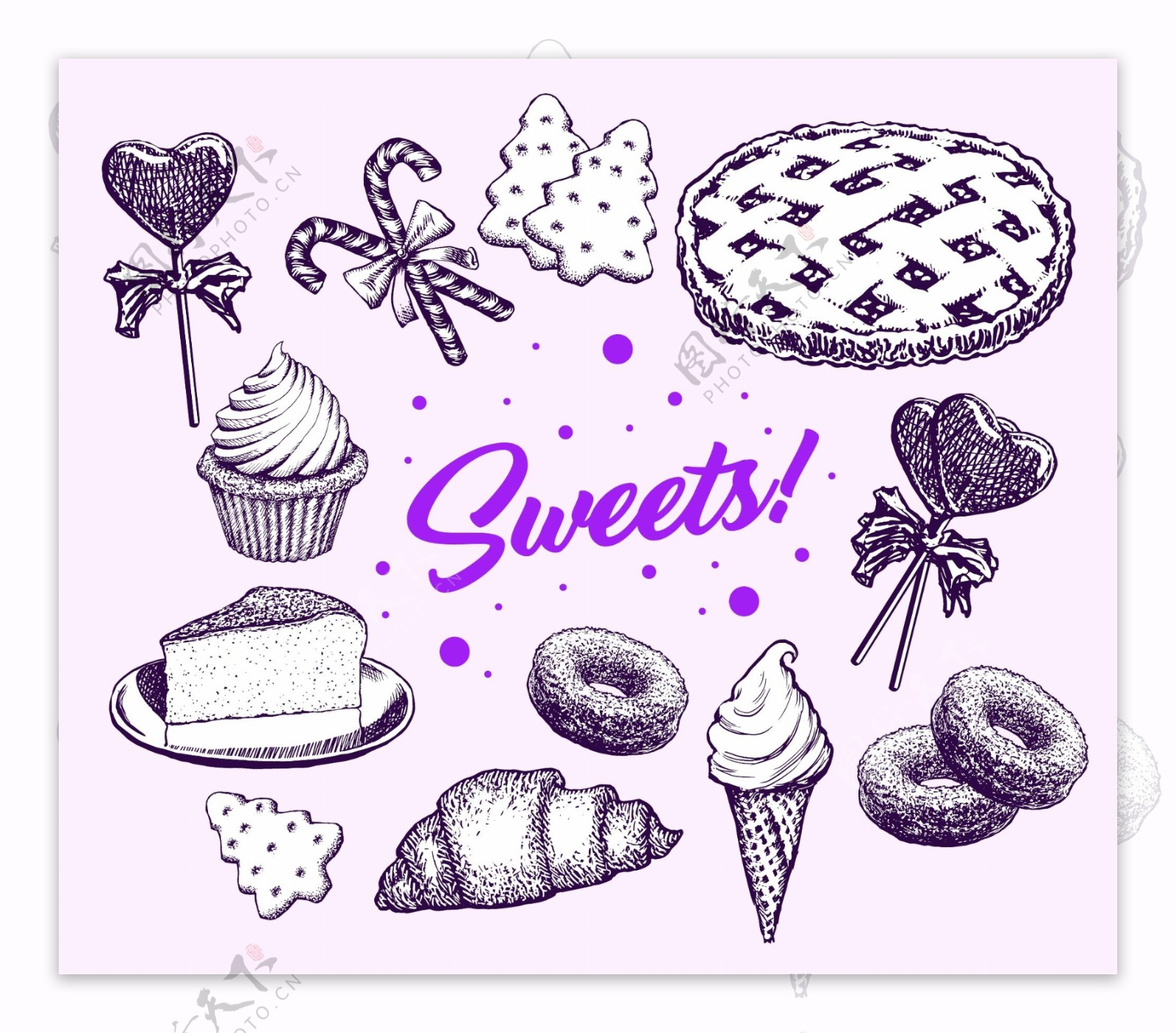 糖果蛋糕系列手绘元素复古矢量插图