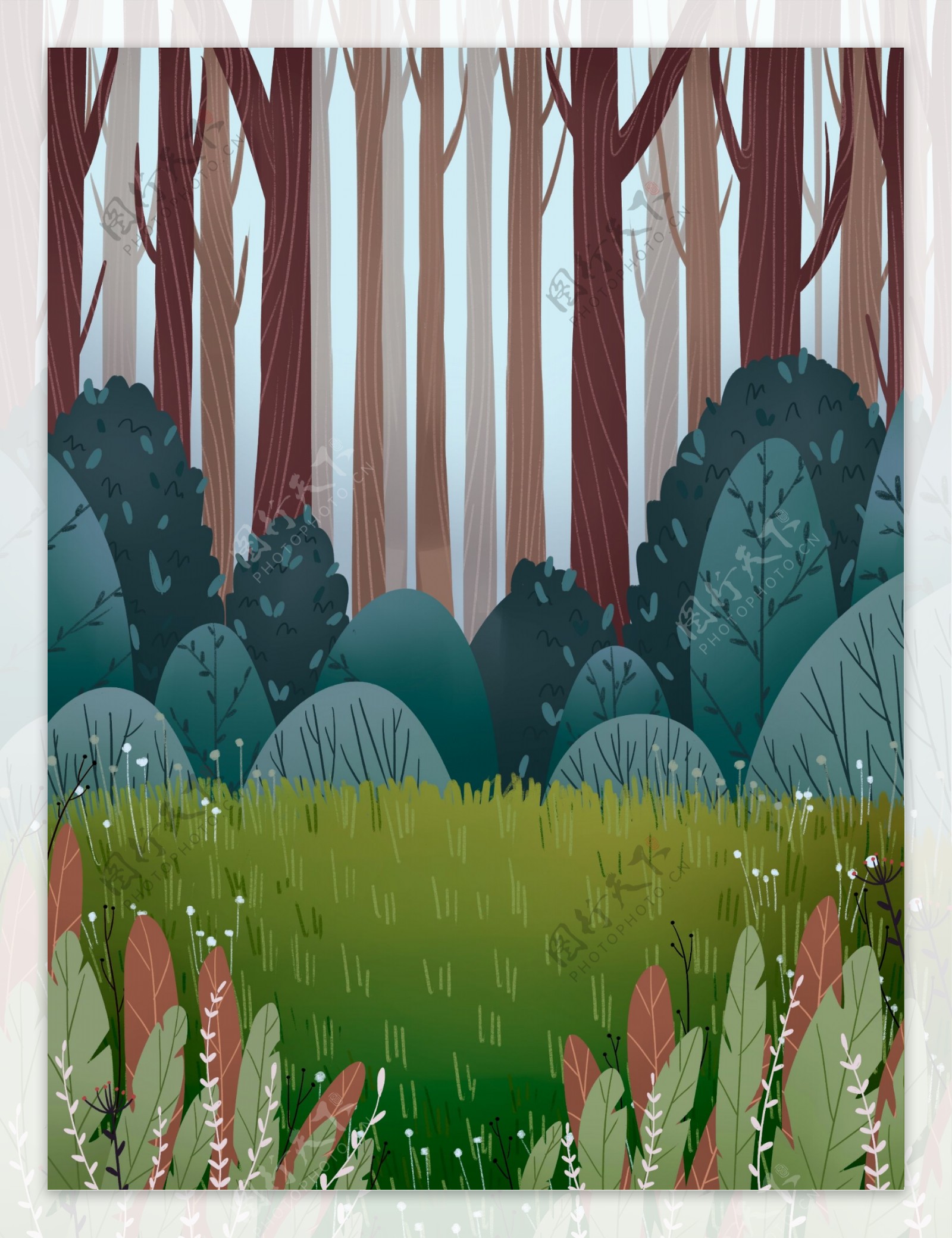 春季绿色手绘树林背景设计
