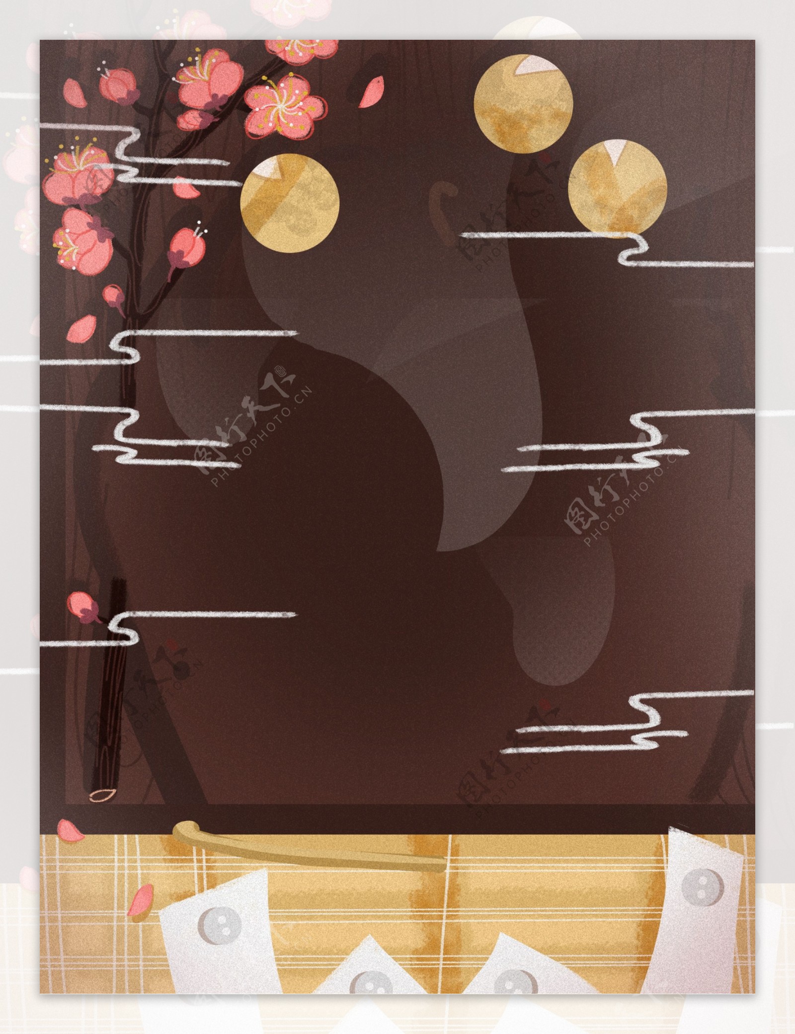 彩绘中国风花朵月圆中秋背景设计