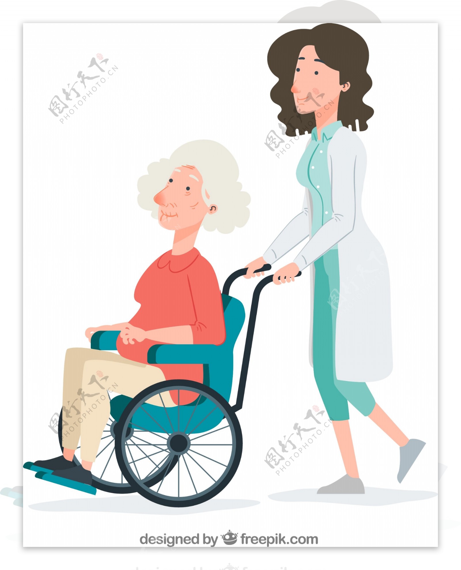 创意推患者轮椅的女医生