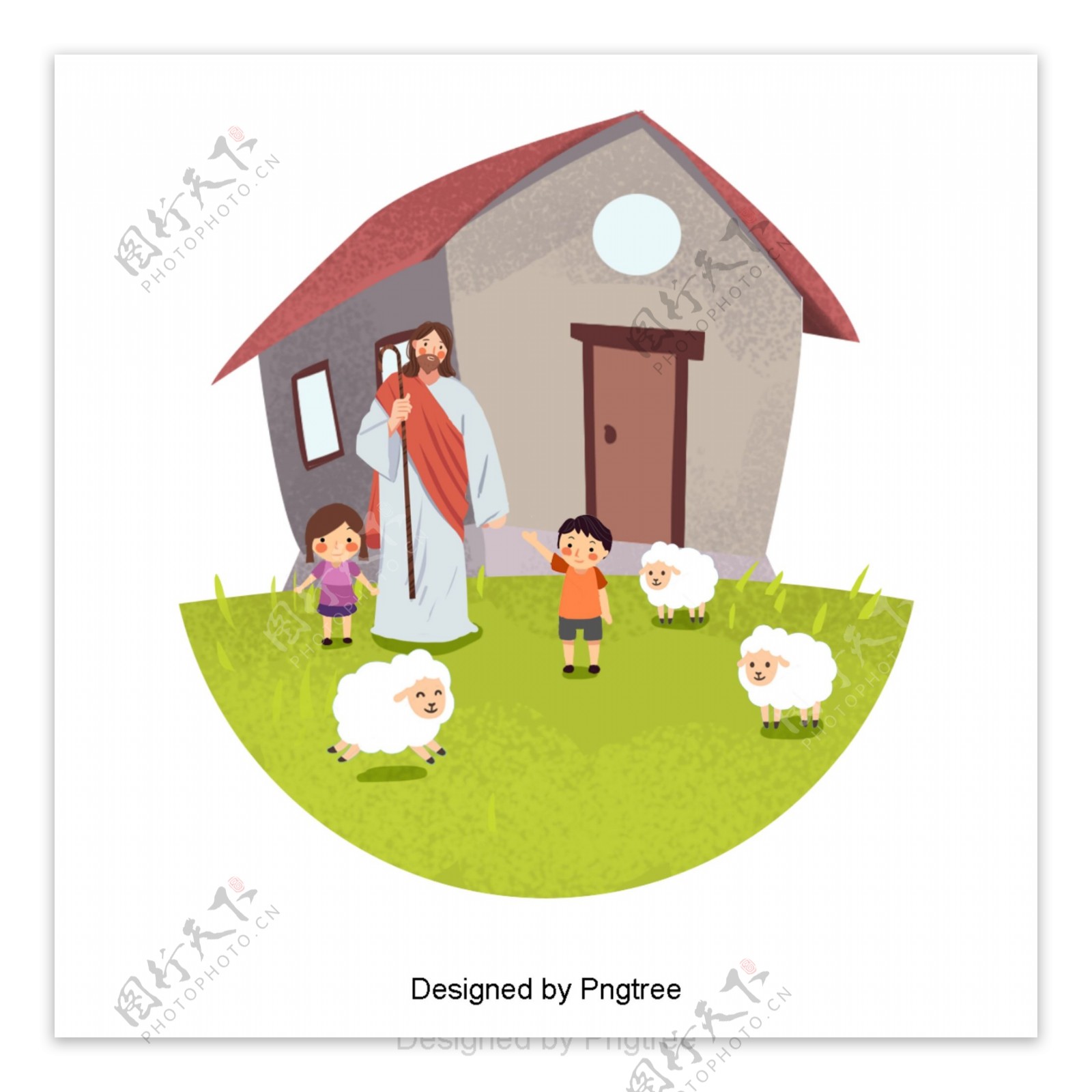可爱的手绘耶稣和两个孩子养羊为生