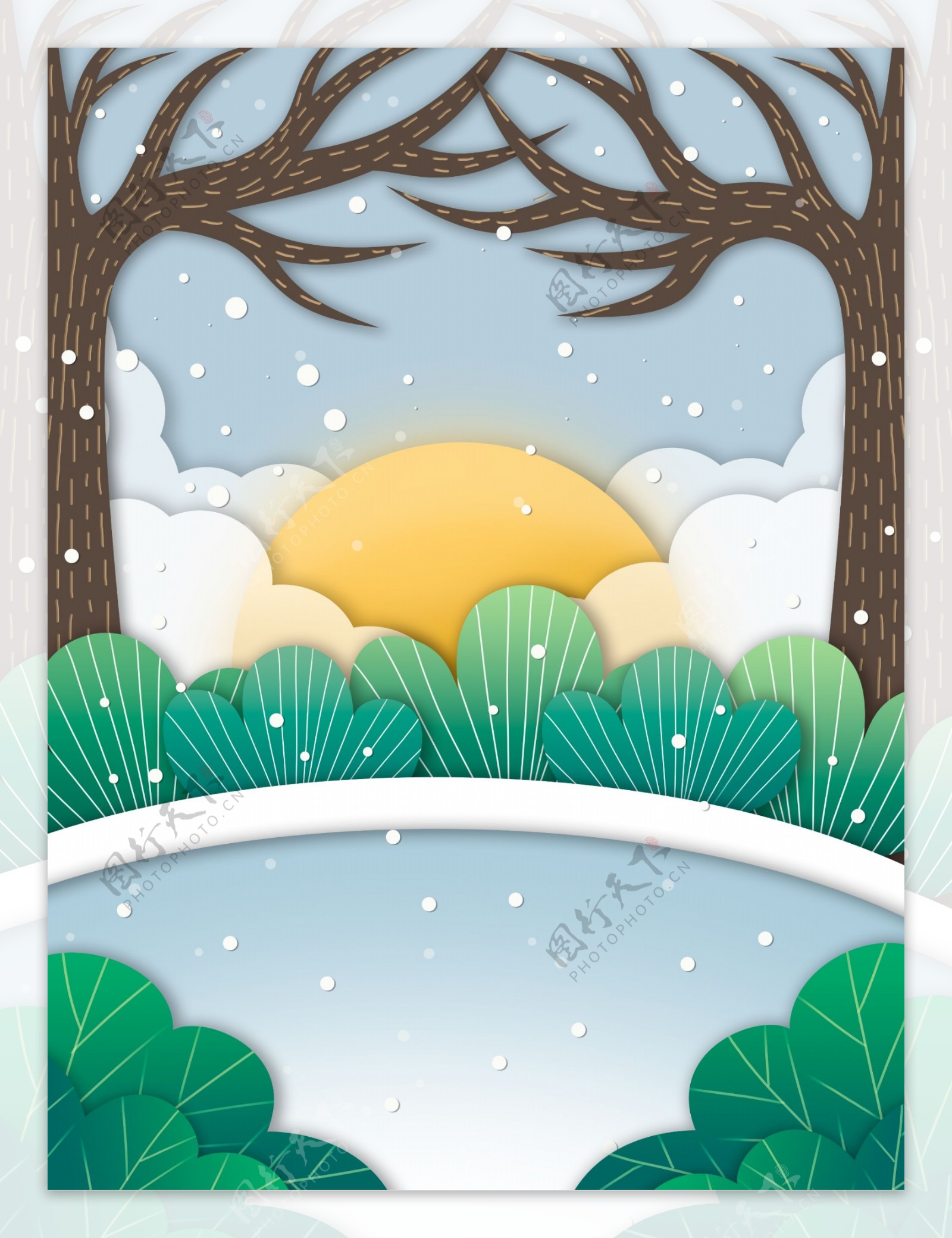 浪漫冬季下雪树林插画背景