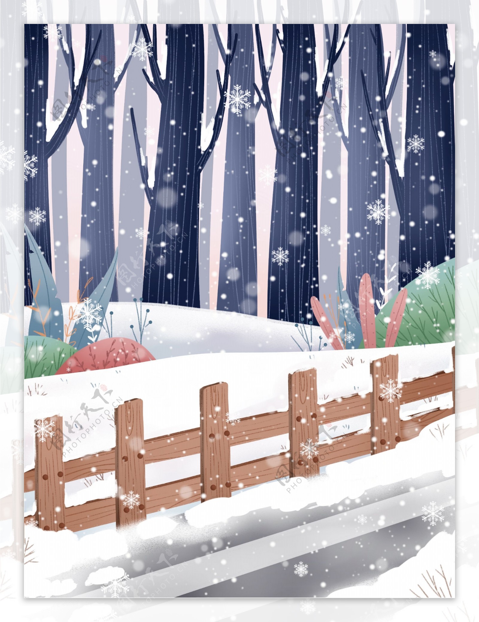 简约卡通冬至节气树林雪景背景