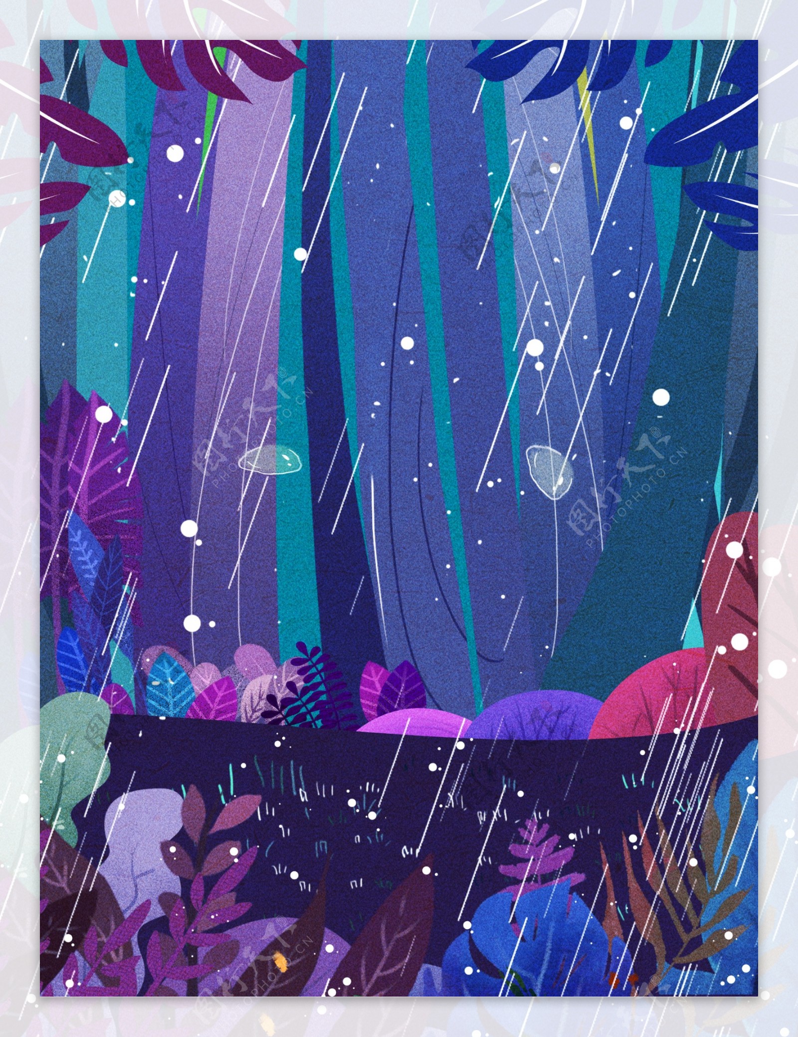 雨季梦幻蓝色植物插画背景
