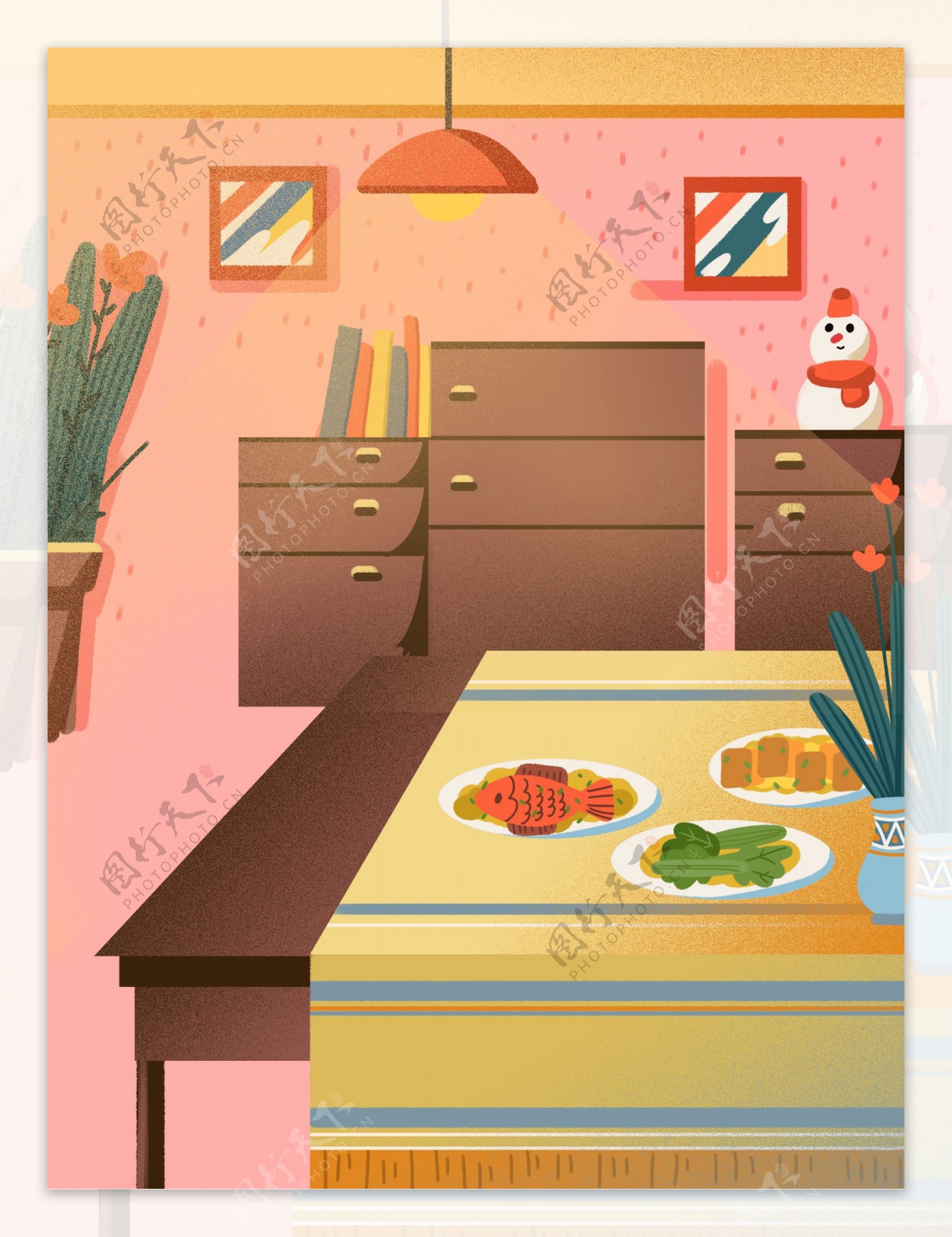 唯美彩色厨房生活插画背景