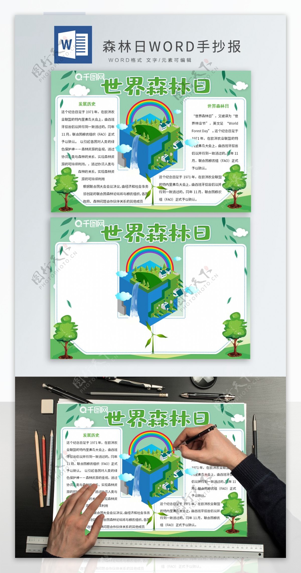 绿色清新世界森林日手抄报WORD小报