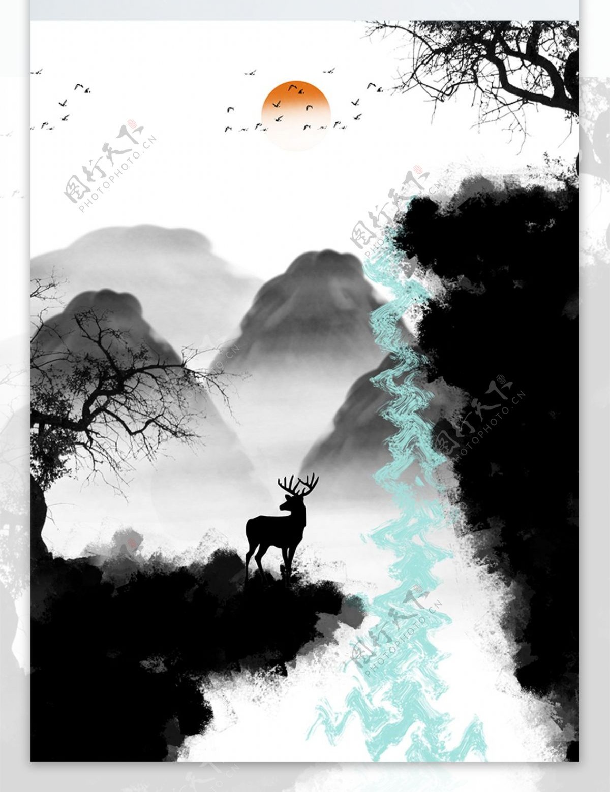 新中式抽象水墨悬崖麋鹿枯枝装饰画
