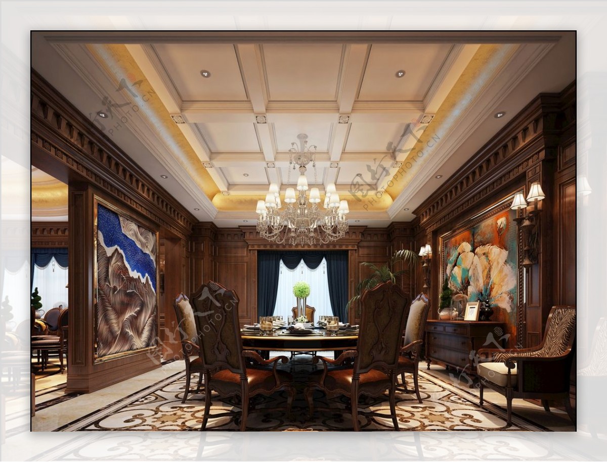 美式古典奢华餐厅效果图3D模型