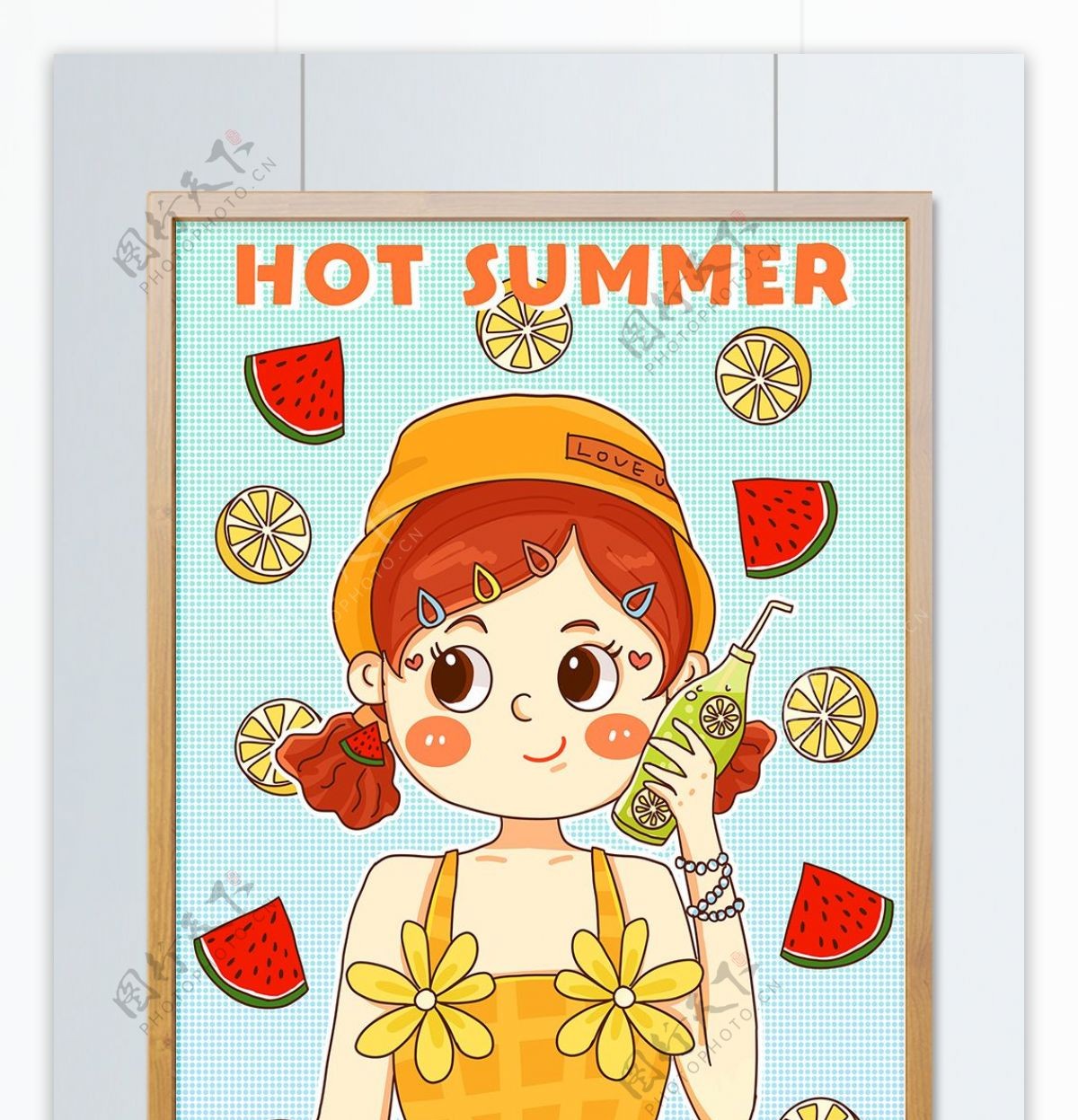 你好夏天小女孩和水果汽水卡通插画