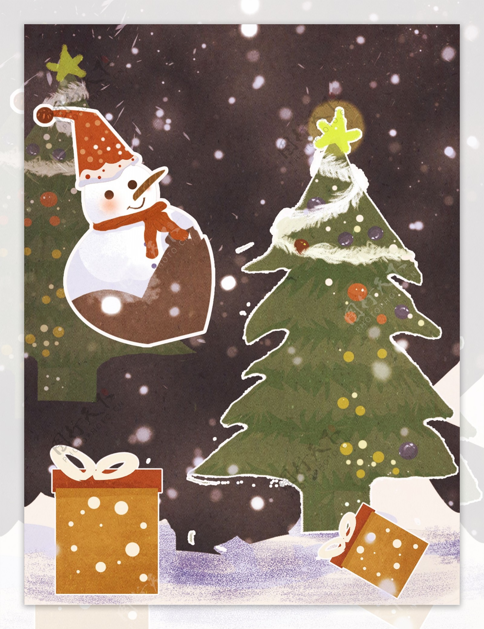 手绘圣诞树雪人背景设计