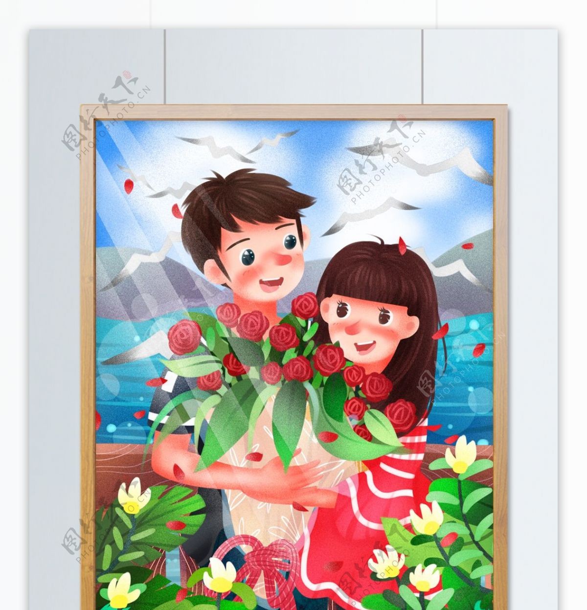 520浪漫情侣海边送玫瑰花表白清新插画