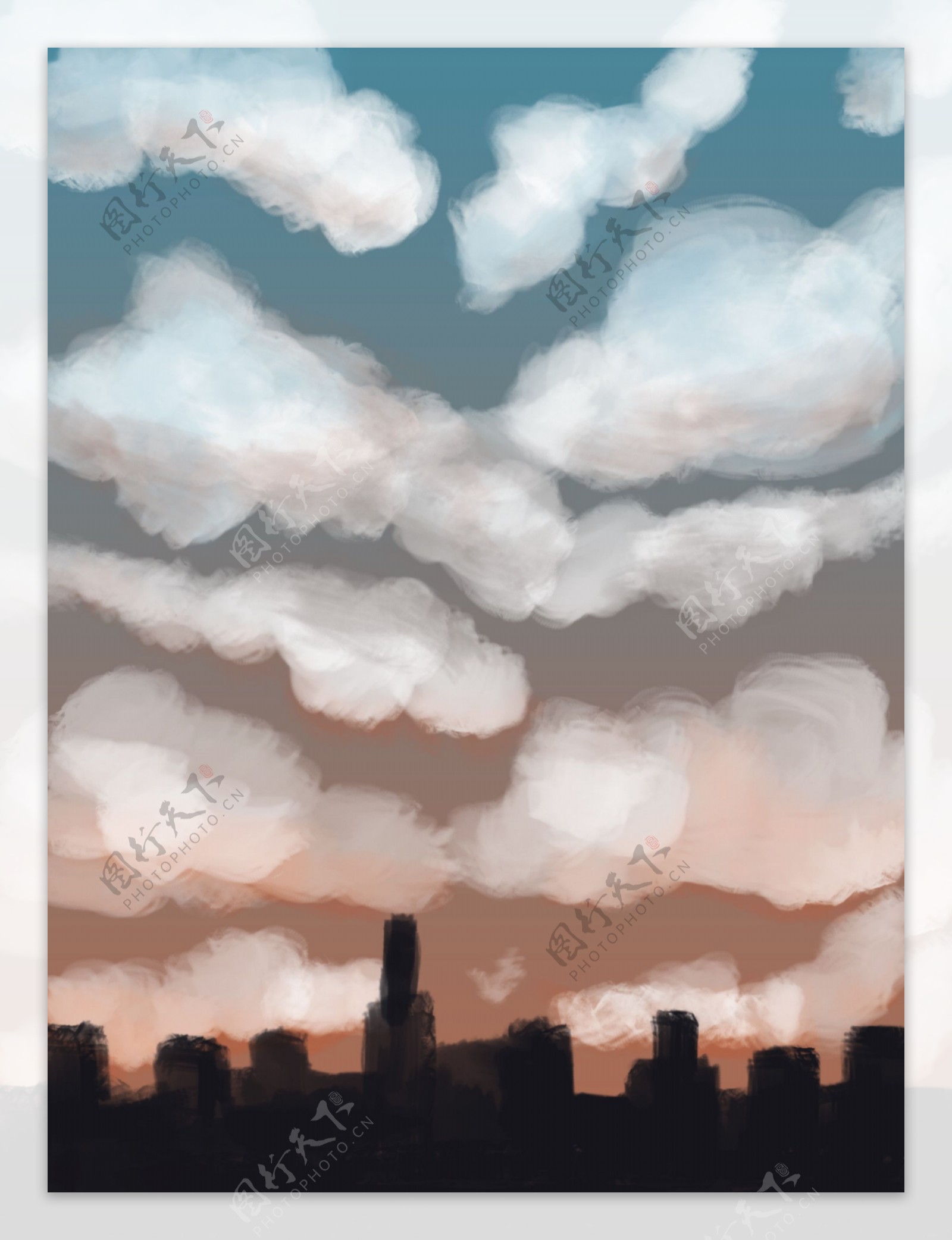 全原创手绘风动漫抽象黄昏城市天空背景