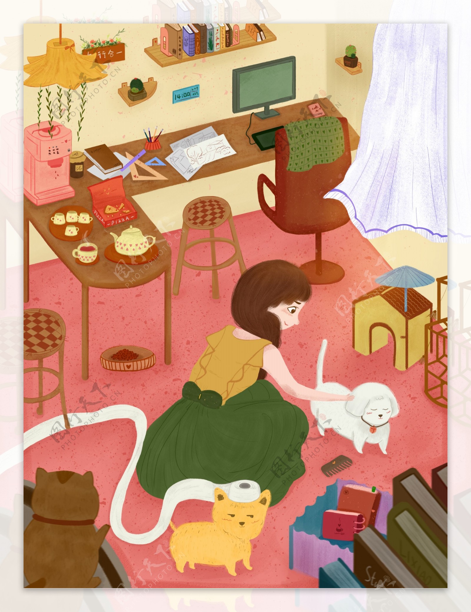 粉色彩绘插画室内温馨女孩撸狗背景设计