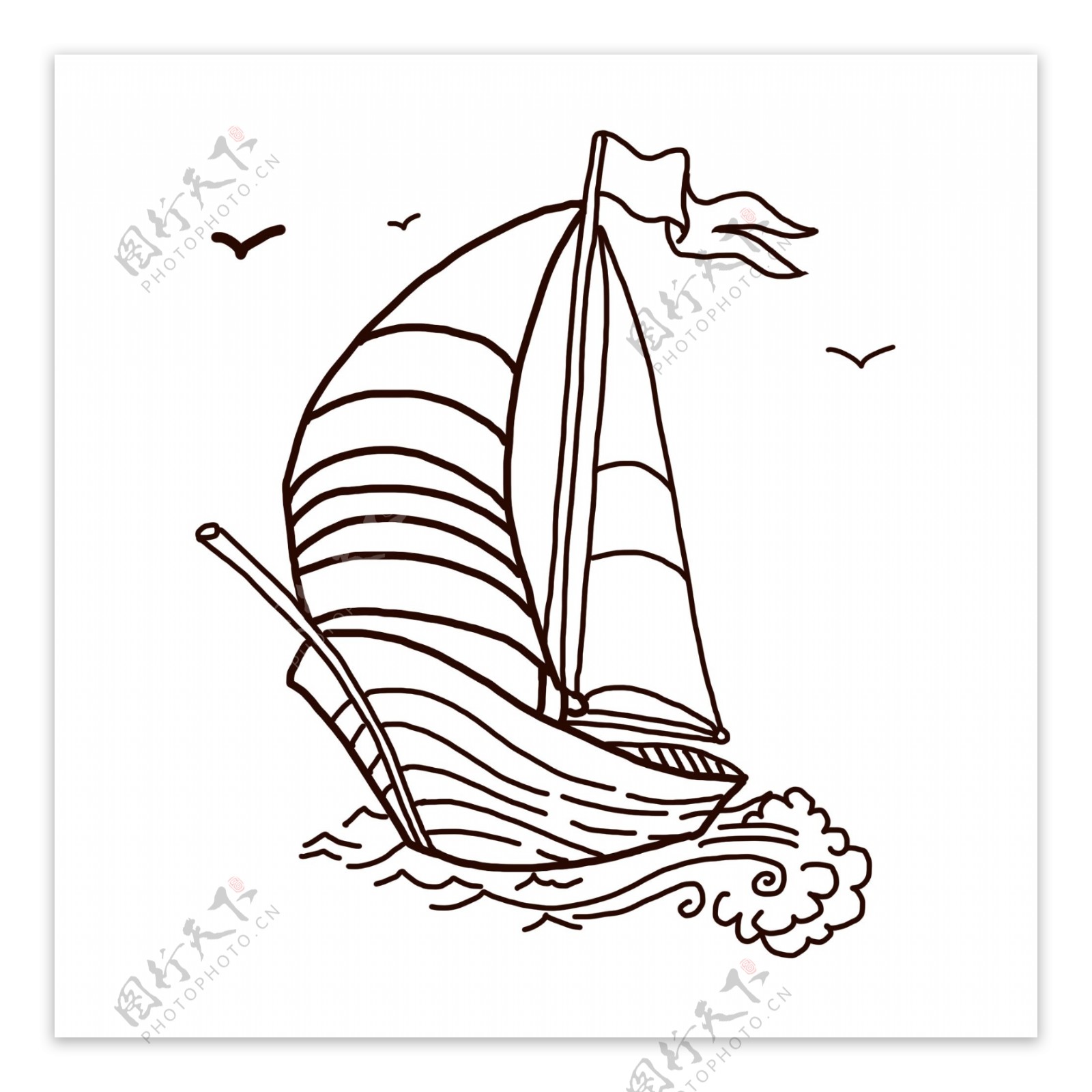 手绘线条卡通帆船