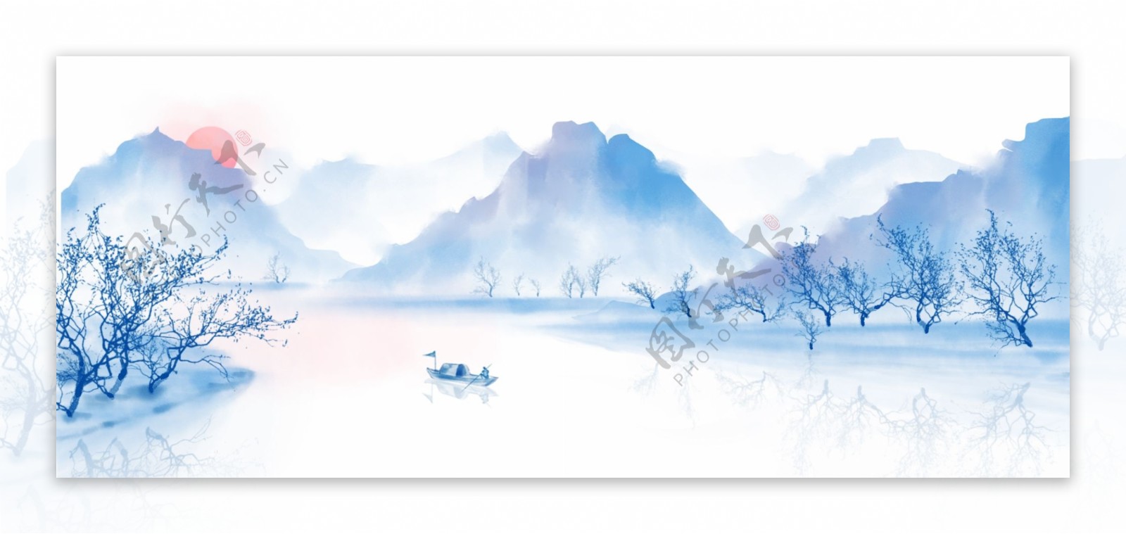 中国风手绘水墨风景山水画