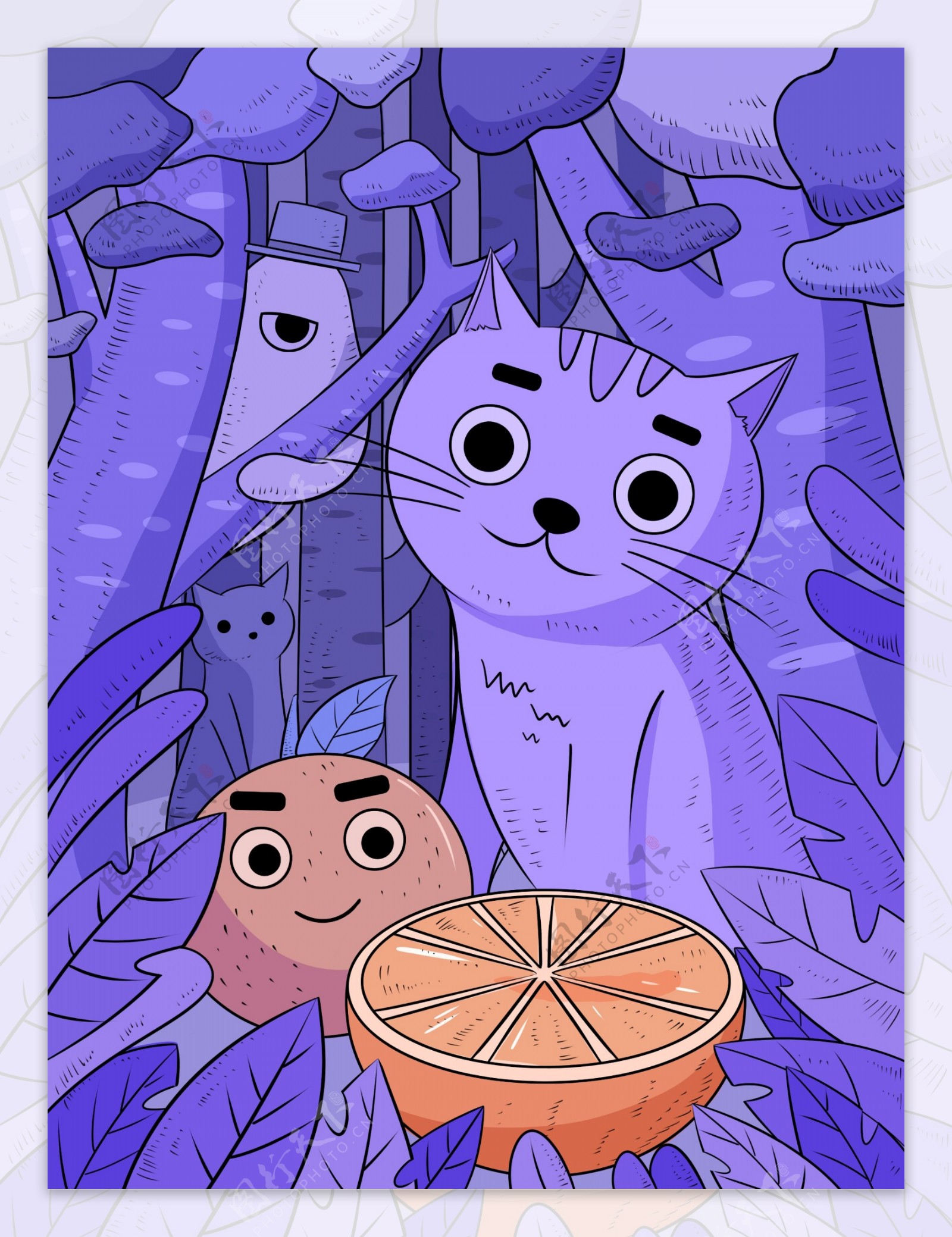 紫色树林小猫背景设计