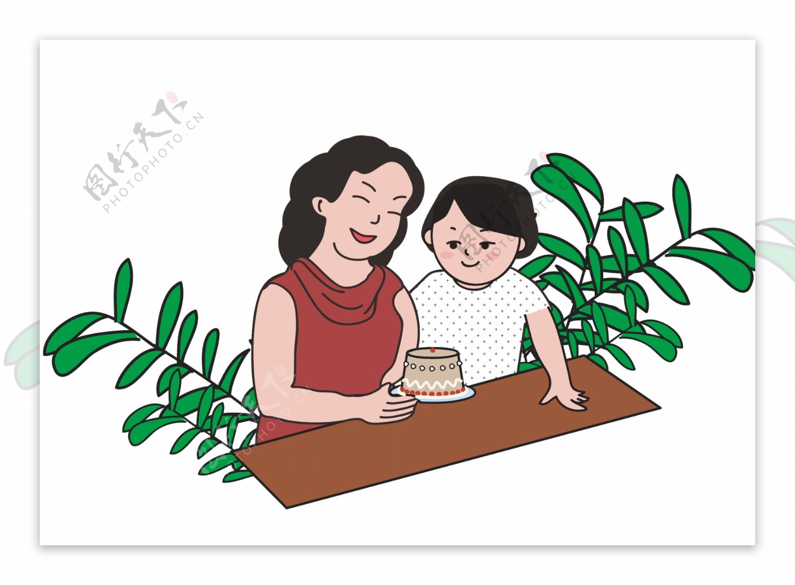 母亲节庆祝感恩母亲促销折扣妈妈和孩子拿蛋糕卡通形象