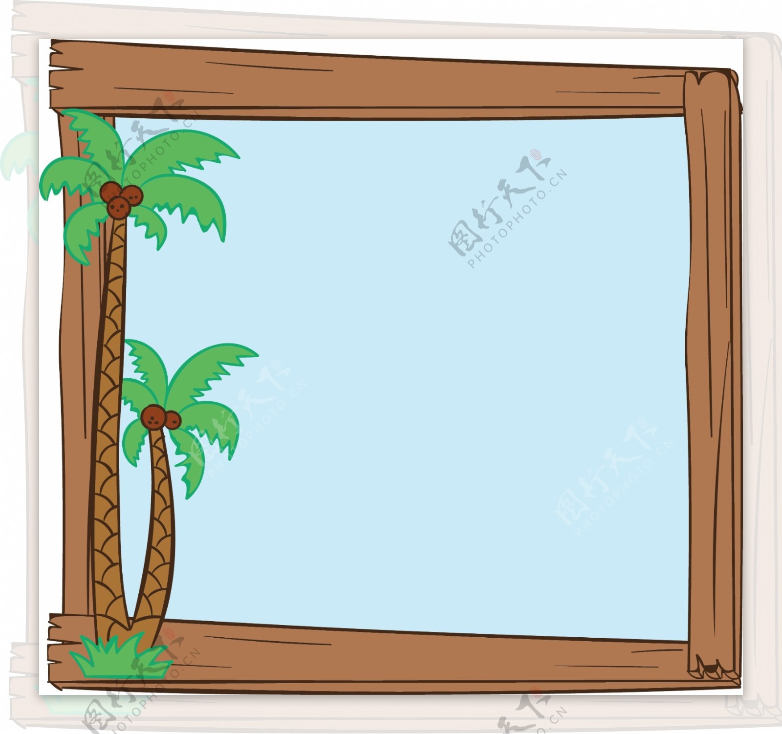 木头框架椰子树窗子海边小风景