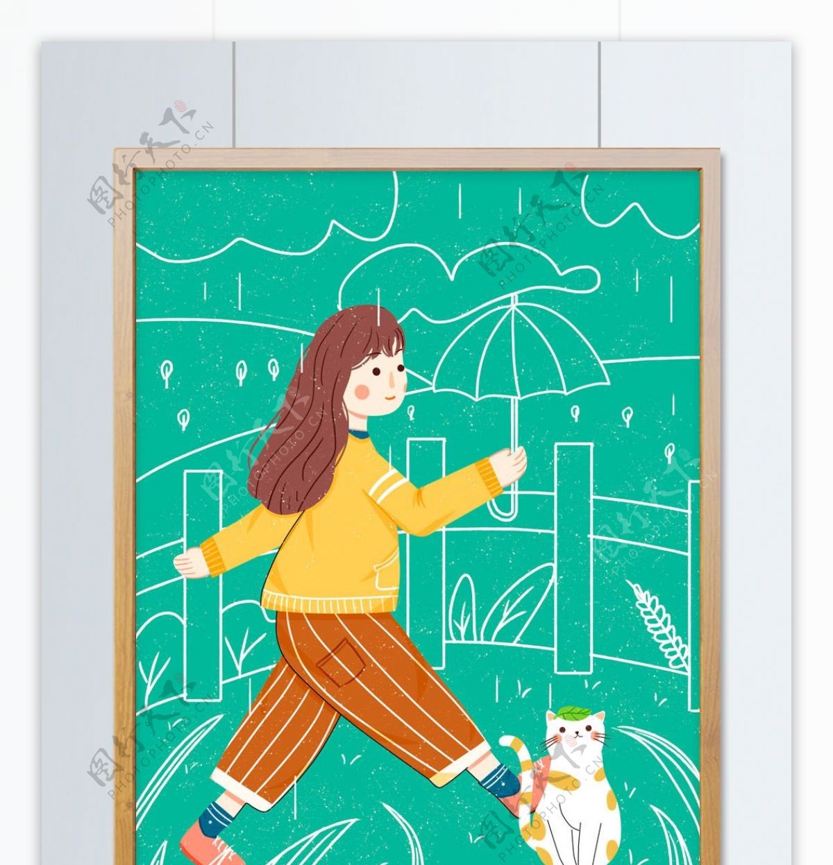春天谷雨春分女孩拿伞给猫咪挡雨